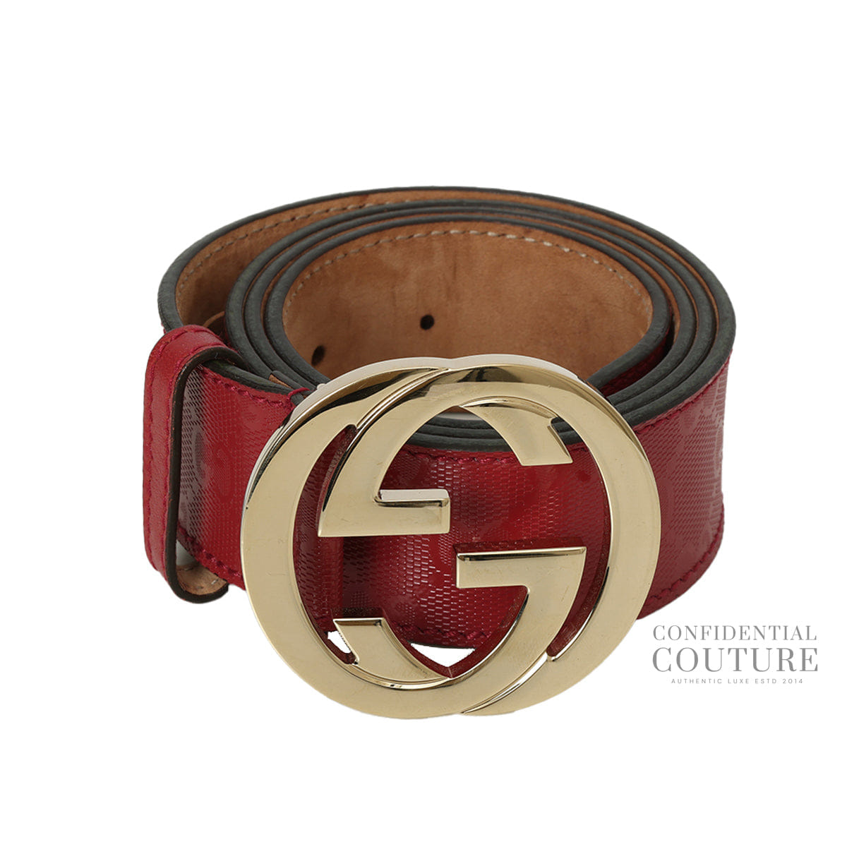 Gucci GG Guccisima Interlocking Cherry Patent Leather Belt - 34"