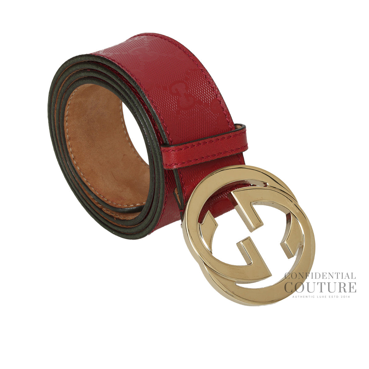 Gucci GG Guccisima Interlocking Cherry Patent Leather Belt - 34"