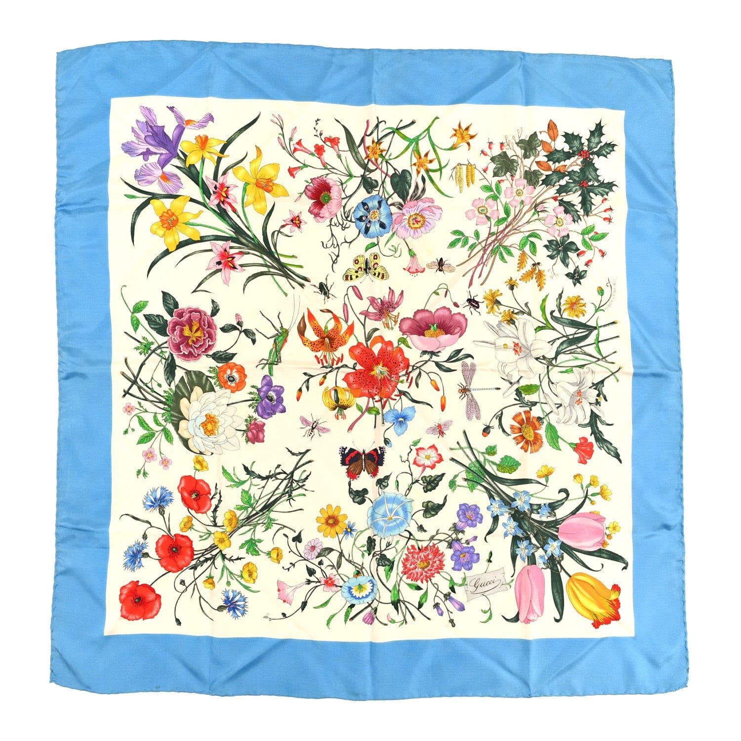 Gucci Silk Twill Flora Fluo Square Scarf Ivory Blue