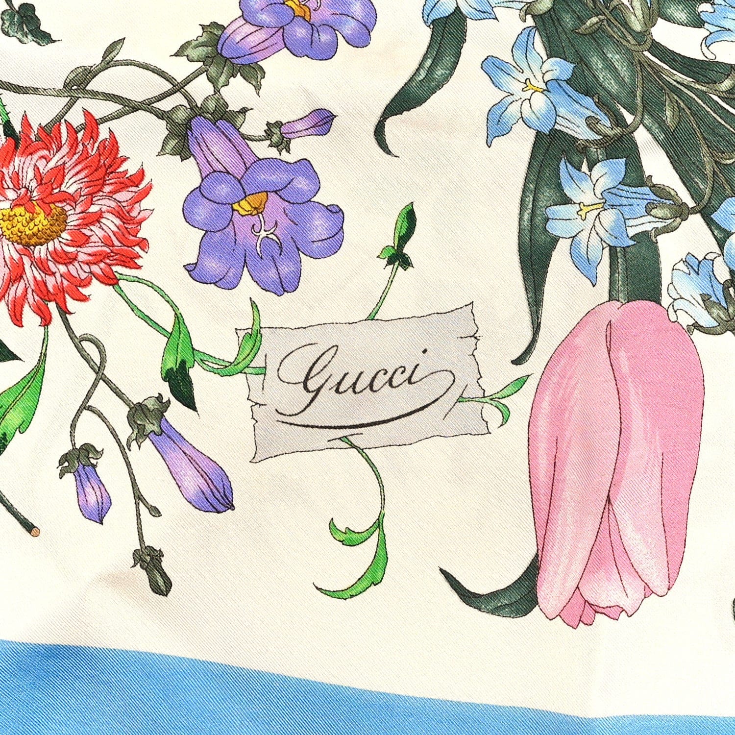 Gucci Silk Twill Flora Fluo Square Scarf Ivory Blue