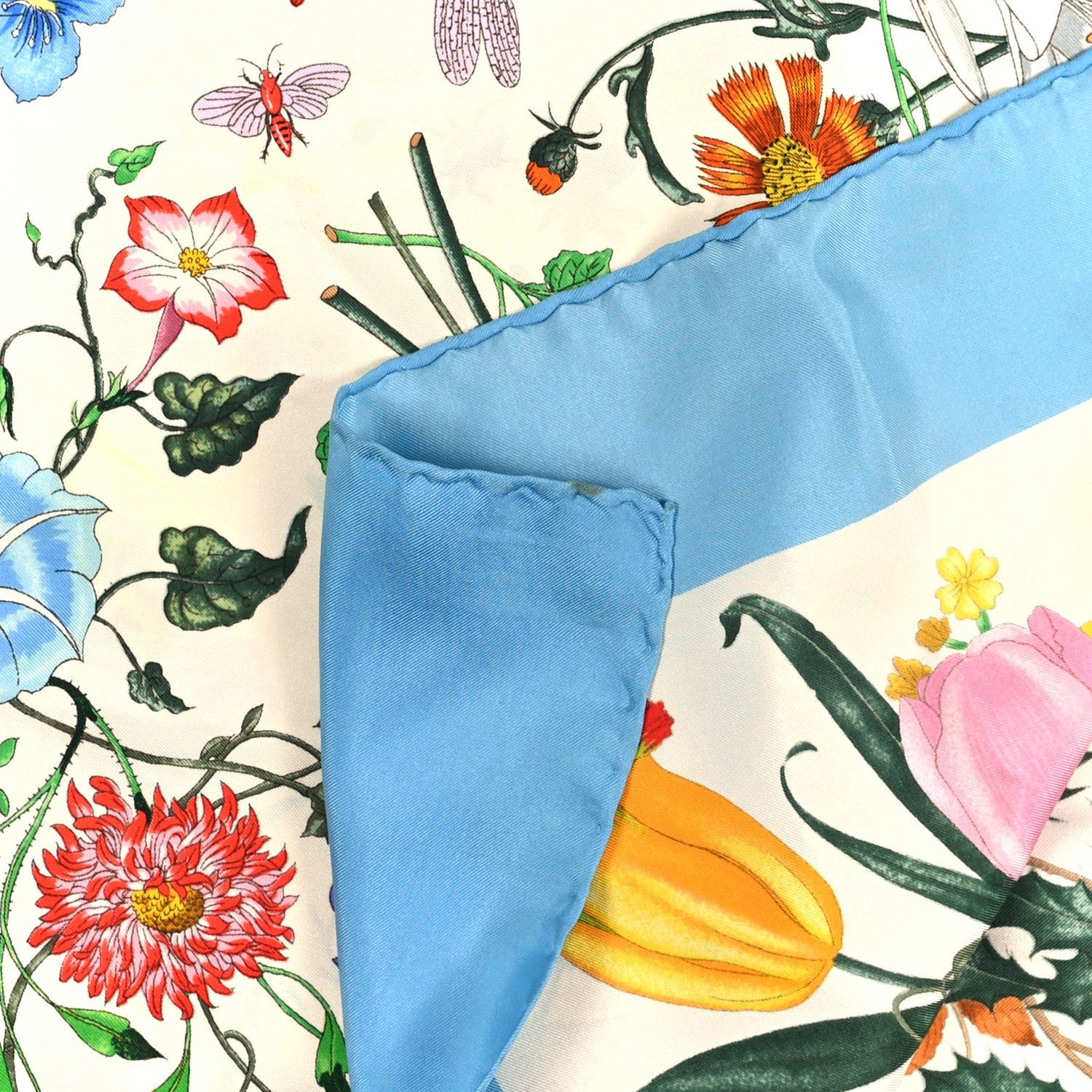 Gucci Silk Twill Flora Fluo Square Scarf Ivory Blue
