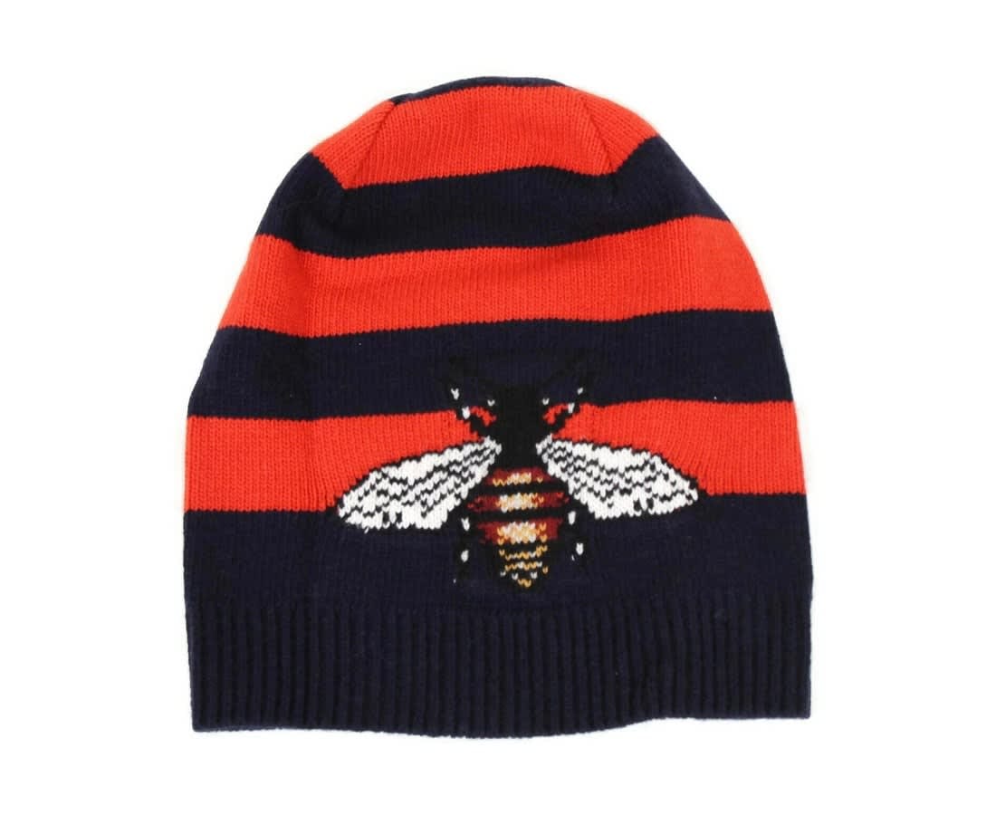 Gucci Men's Striped Wool Knit Beanie Hat With Large Bee M / 58