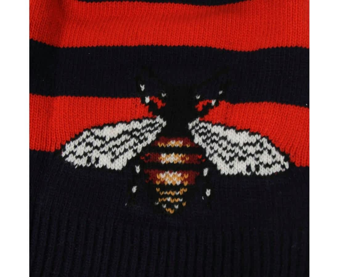 Gucci Men's Striped Wool Knit Beanie Hat With Large Bee M / 58
