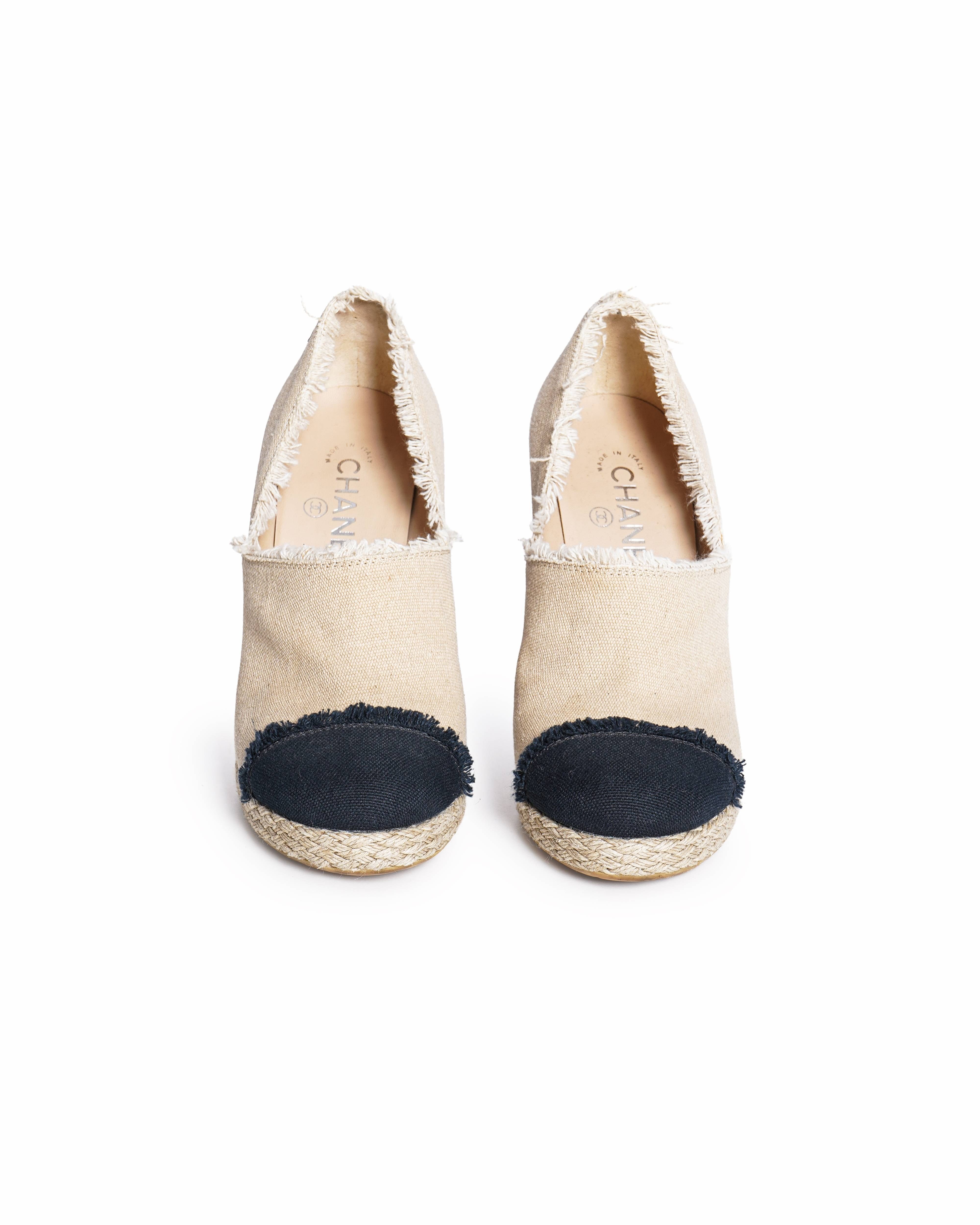 Chanel Beige/Black Canvas CC Cap Toe Espadrille Booties
