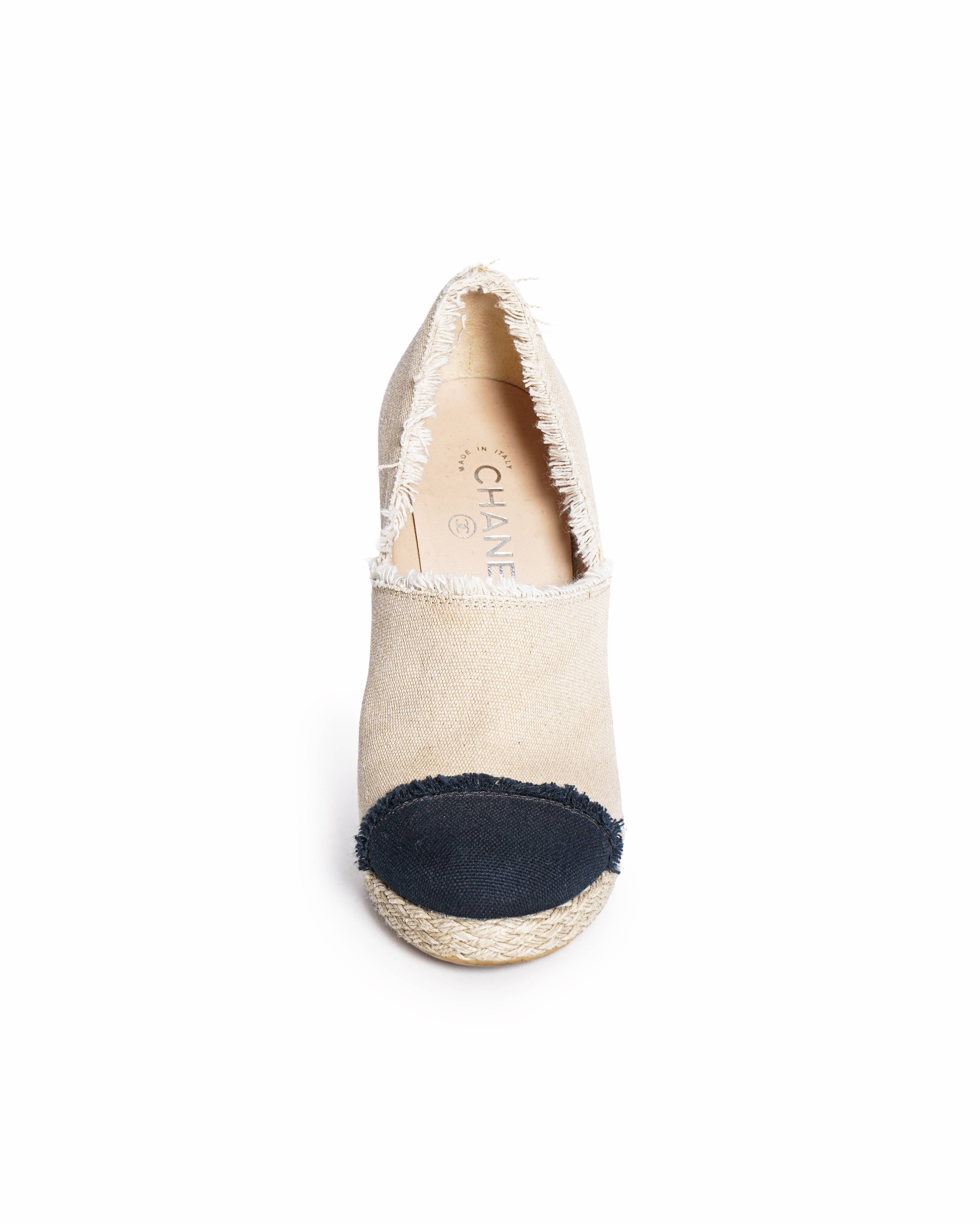 Chanel Beige/Black Canvas CC Cap Toe Espadrille Booties