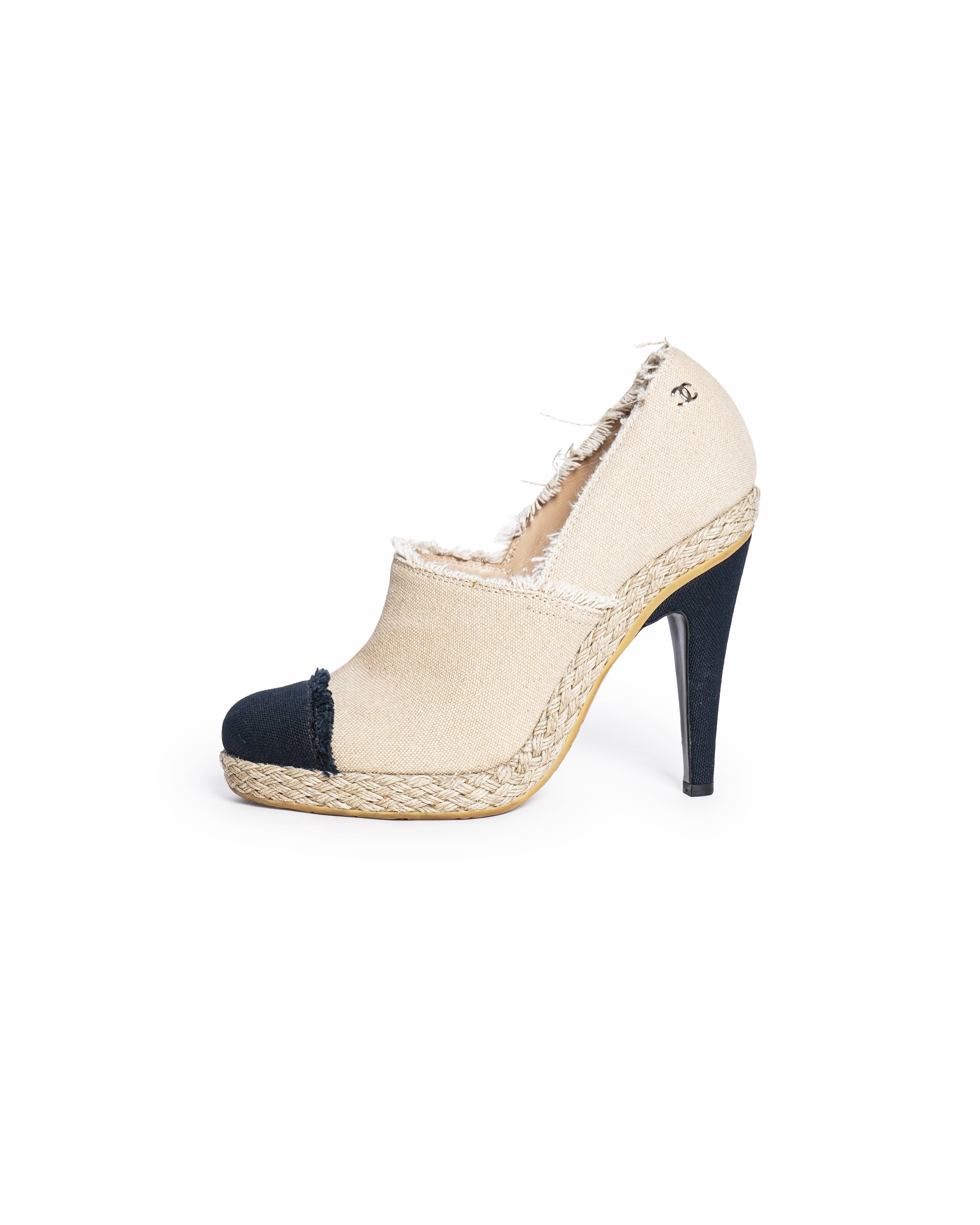 Chanel Beige/Black Canvas CC Cap Toe Espadrille Booties