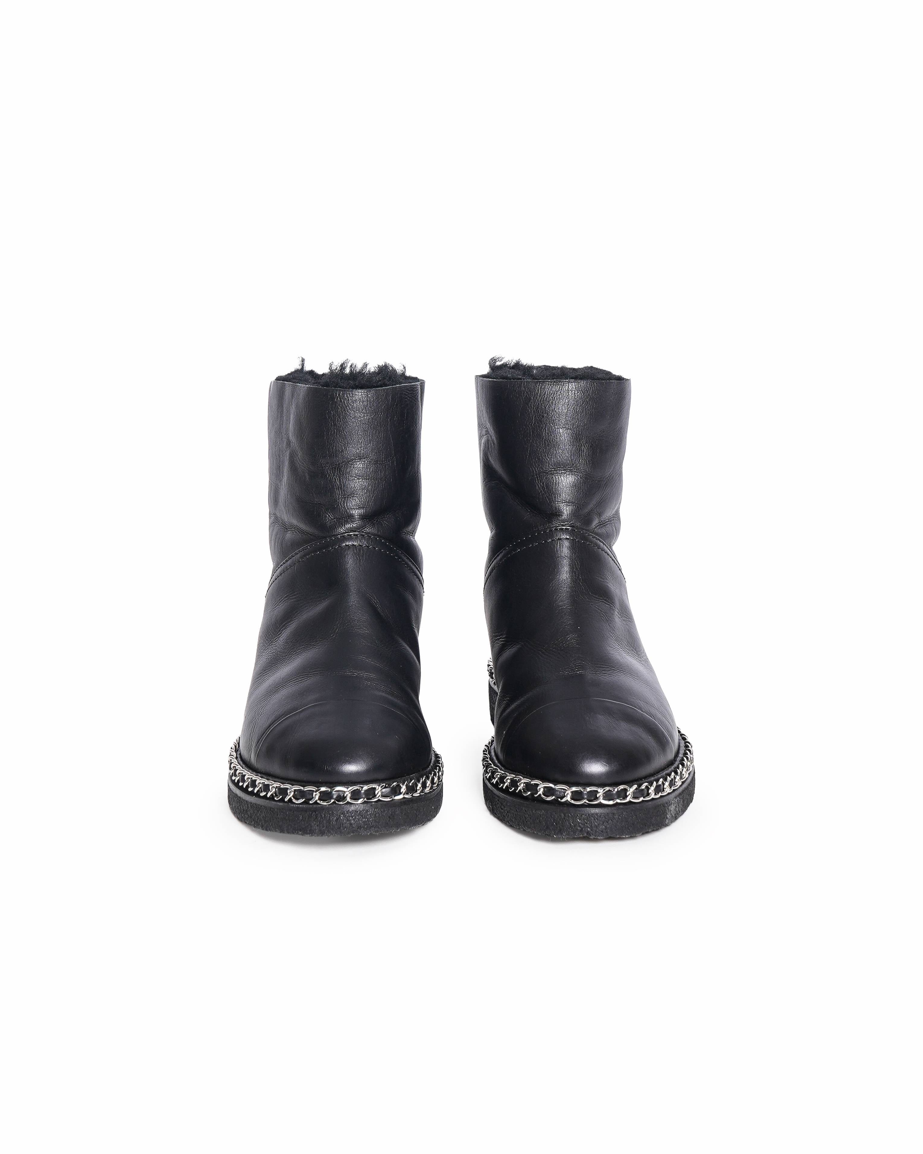 Chanel Black Leather CC Cap Toe Chain detail Ankle Length Boots
