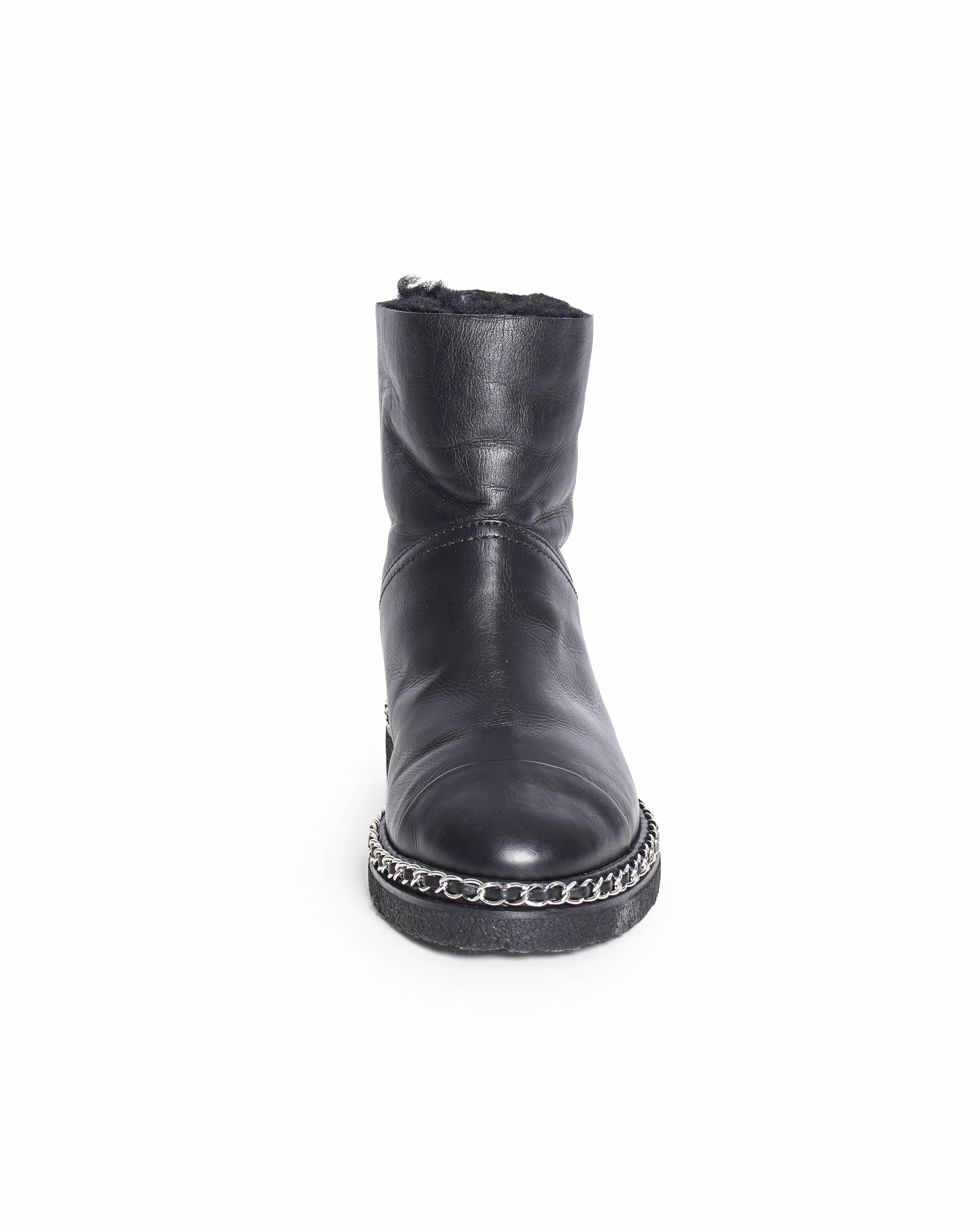 Chanel Black Leather CC Cap Toe Chain detail Ankle Length Boots