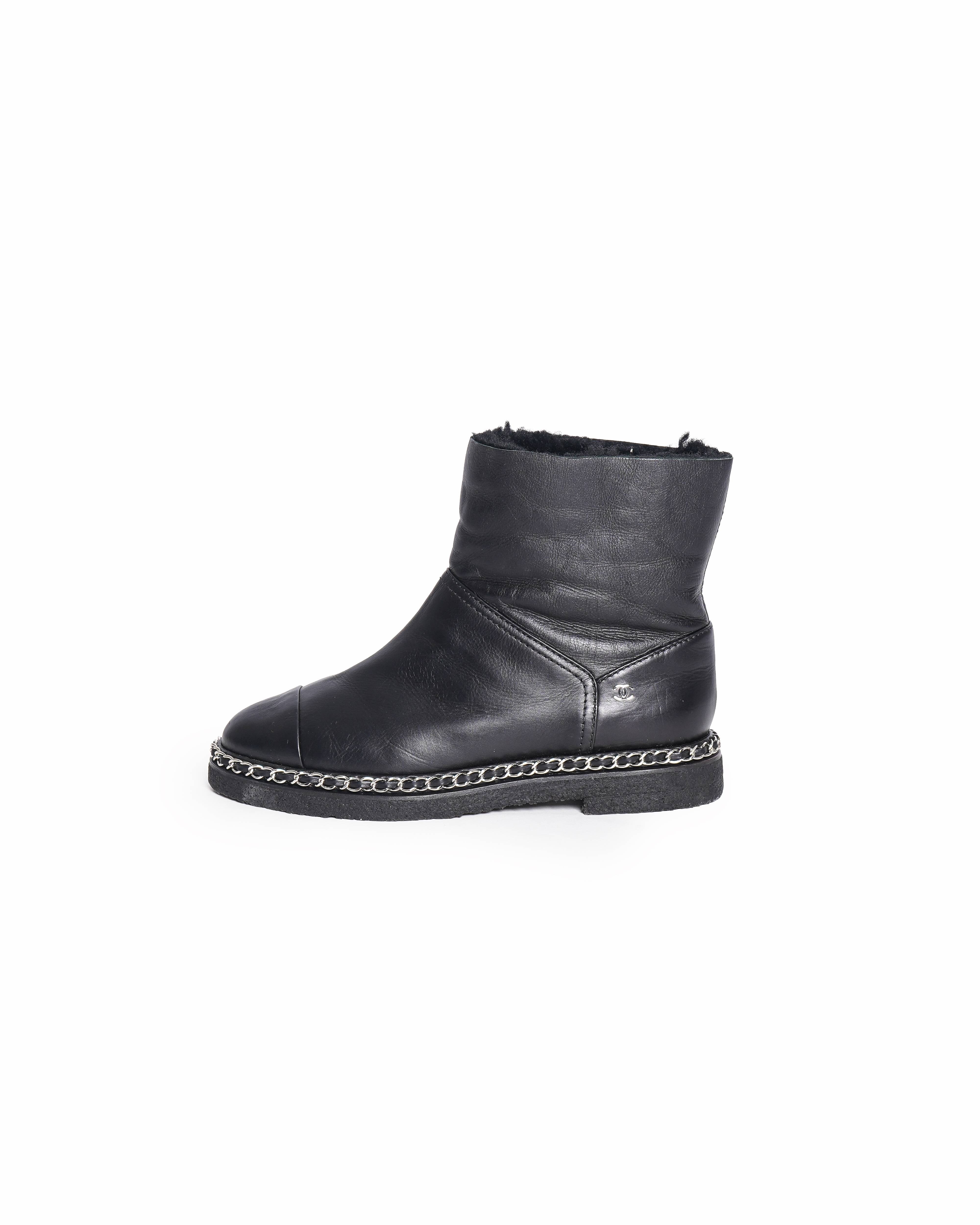 Chanel Black Leather CC Cap Toe Chain detail Ankle Length Boots