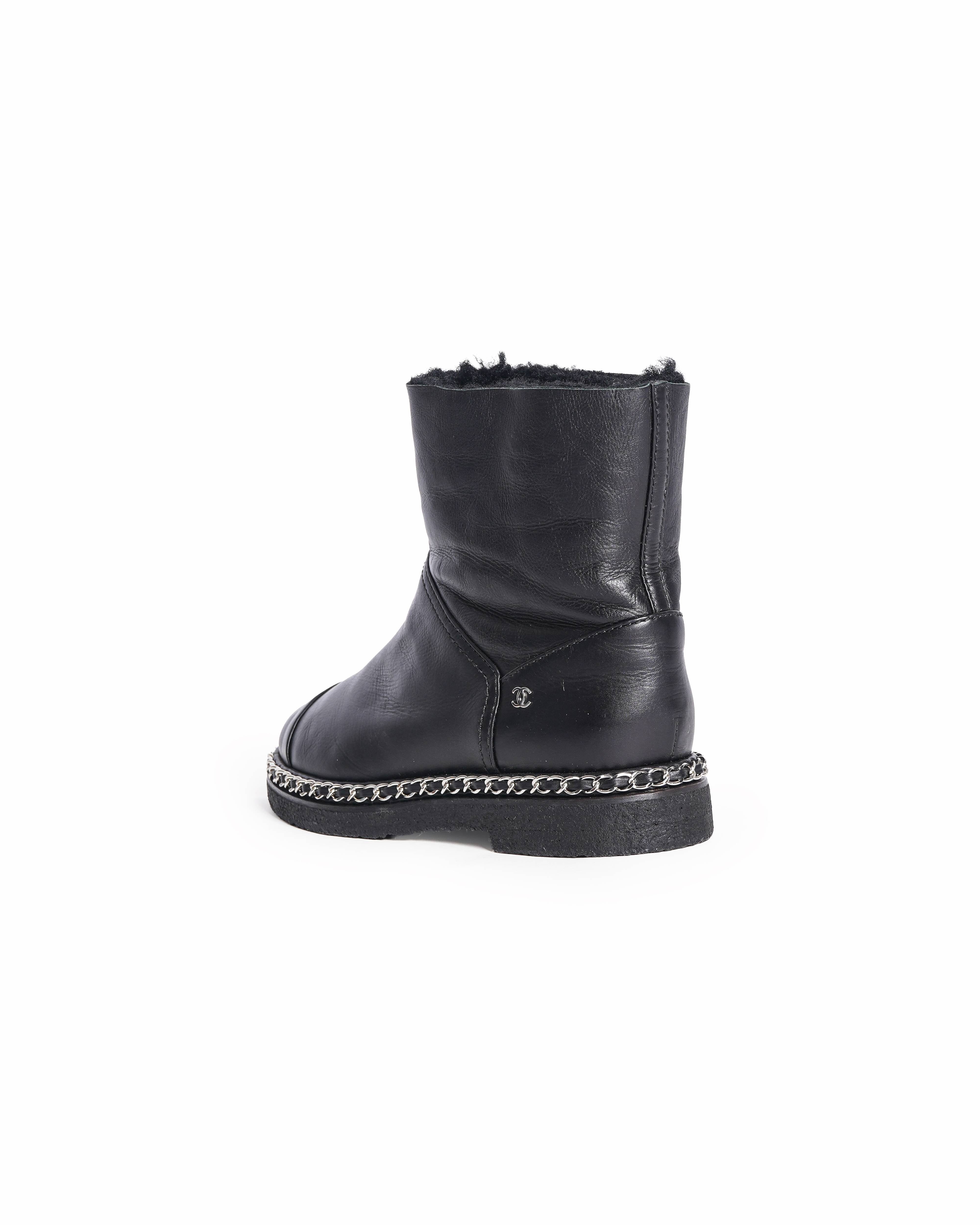 Chanel Black Leather CC Cap Toe Chain detail Ankle Length Boots