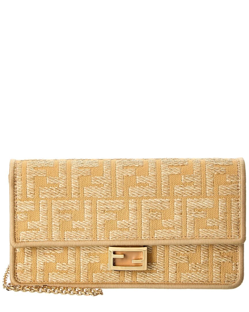 Fendi Baguette Ff Jacquard Raffia & Leather Wallet On Chain