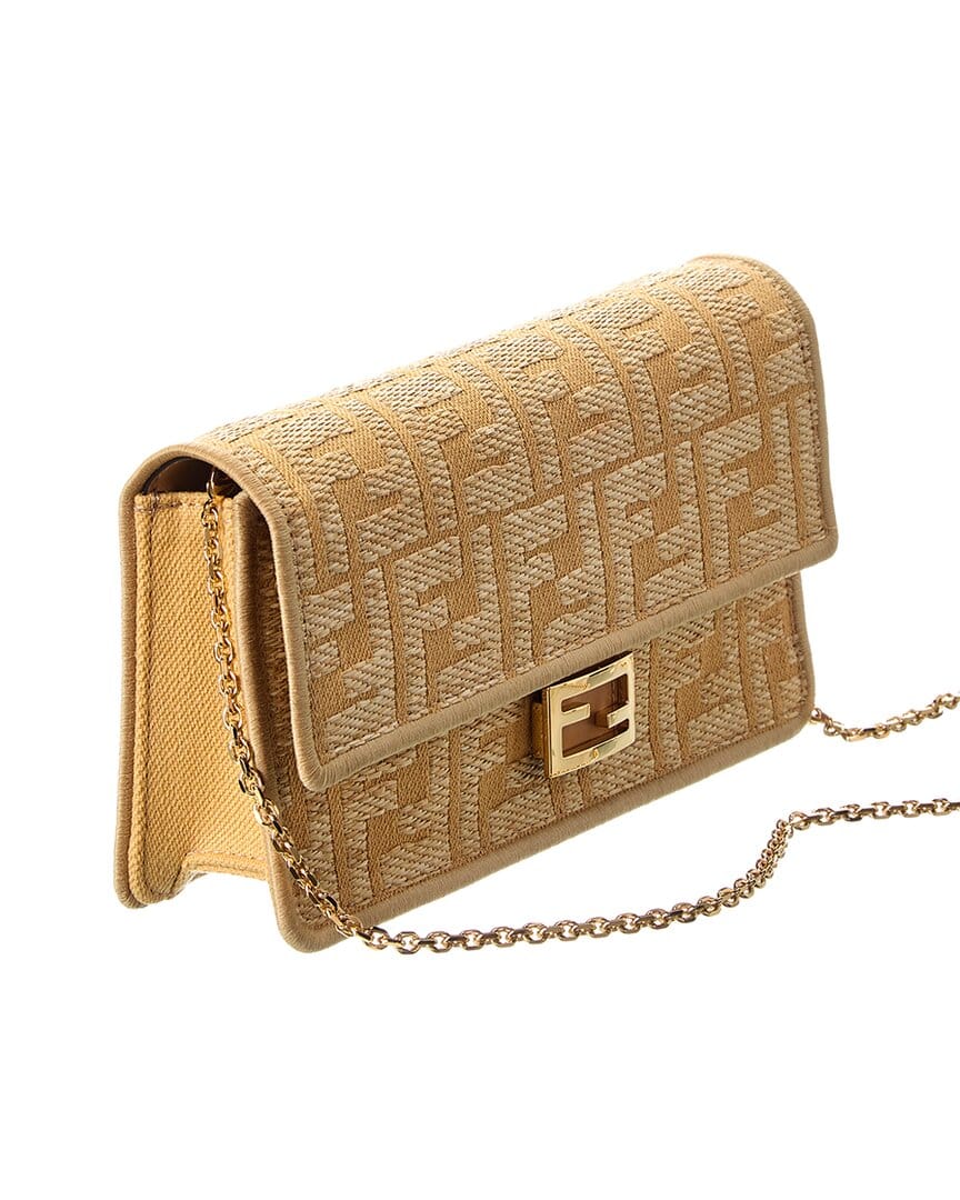 Fendi Baguette Ff Jacquard Raffia & Leather Wallet On Chain