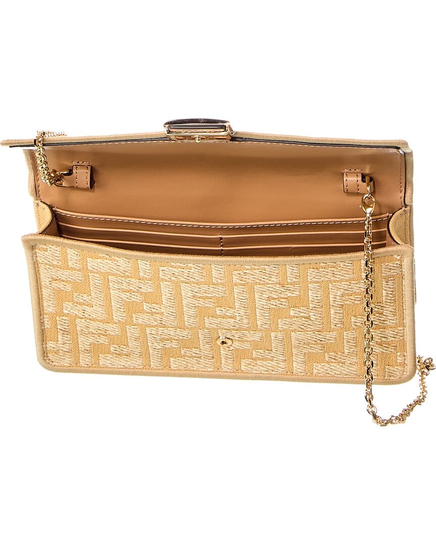 Fendi Baguette Ff Jacquard Raffia & Leather Wallet On Chain