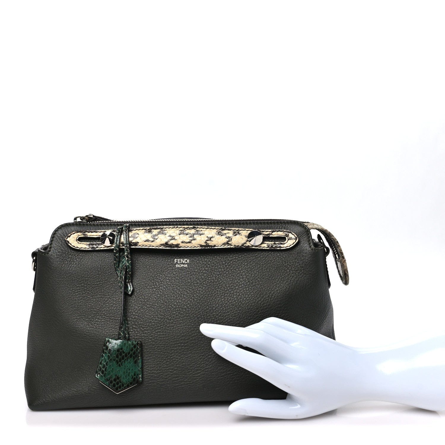 Fendi Vitello Snakeskin Medium By The Way Boston Bag Dark Green Roccia