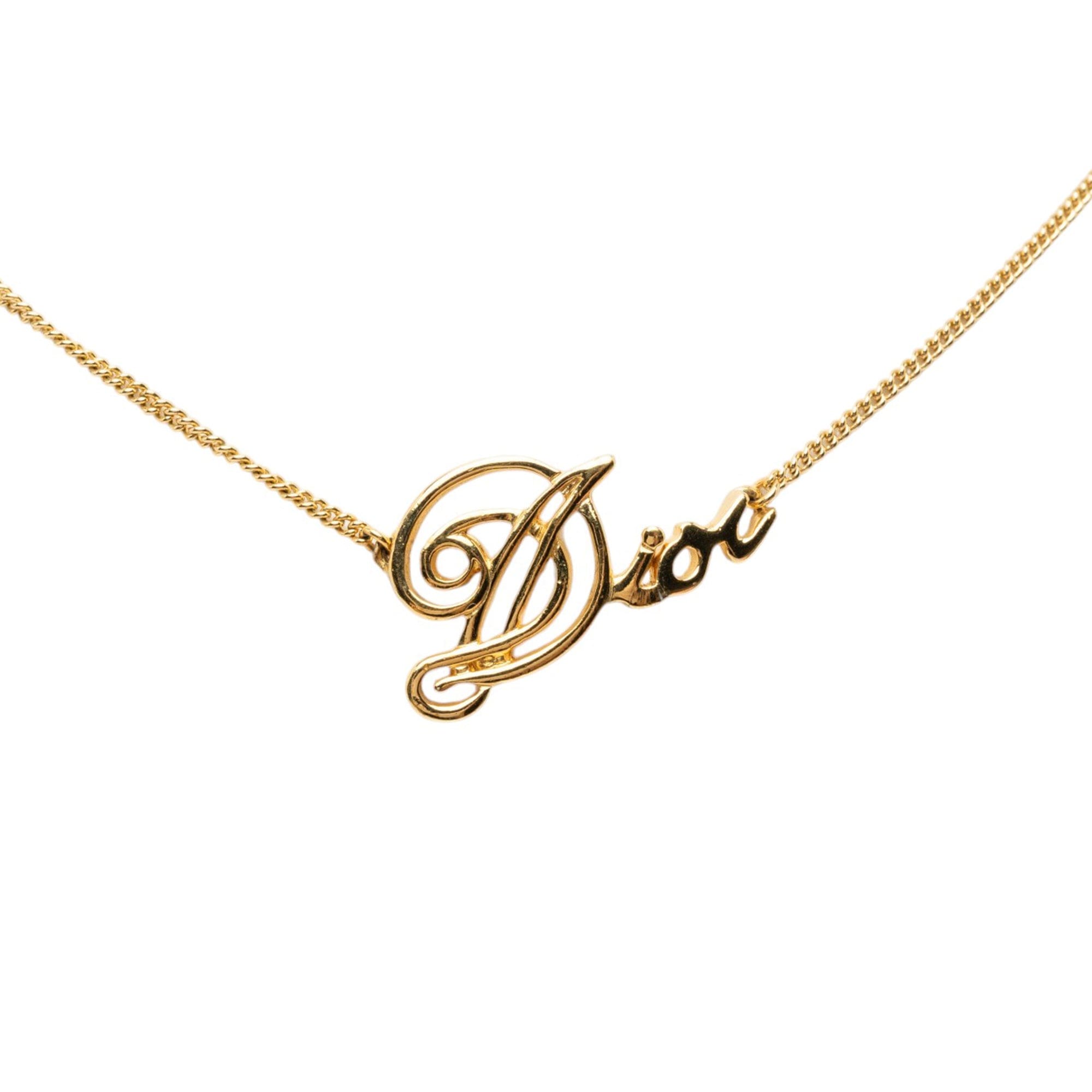Dior Gold Plated Cursive Logo Pendant Necklace