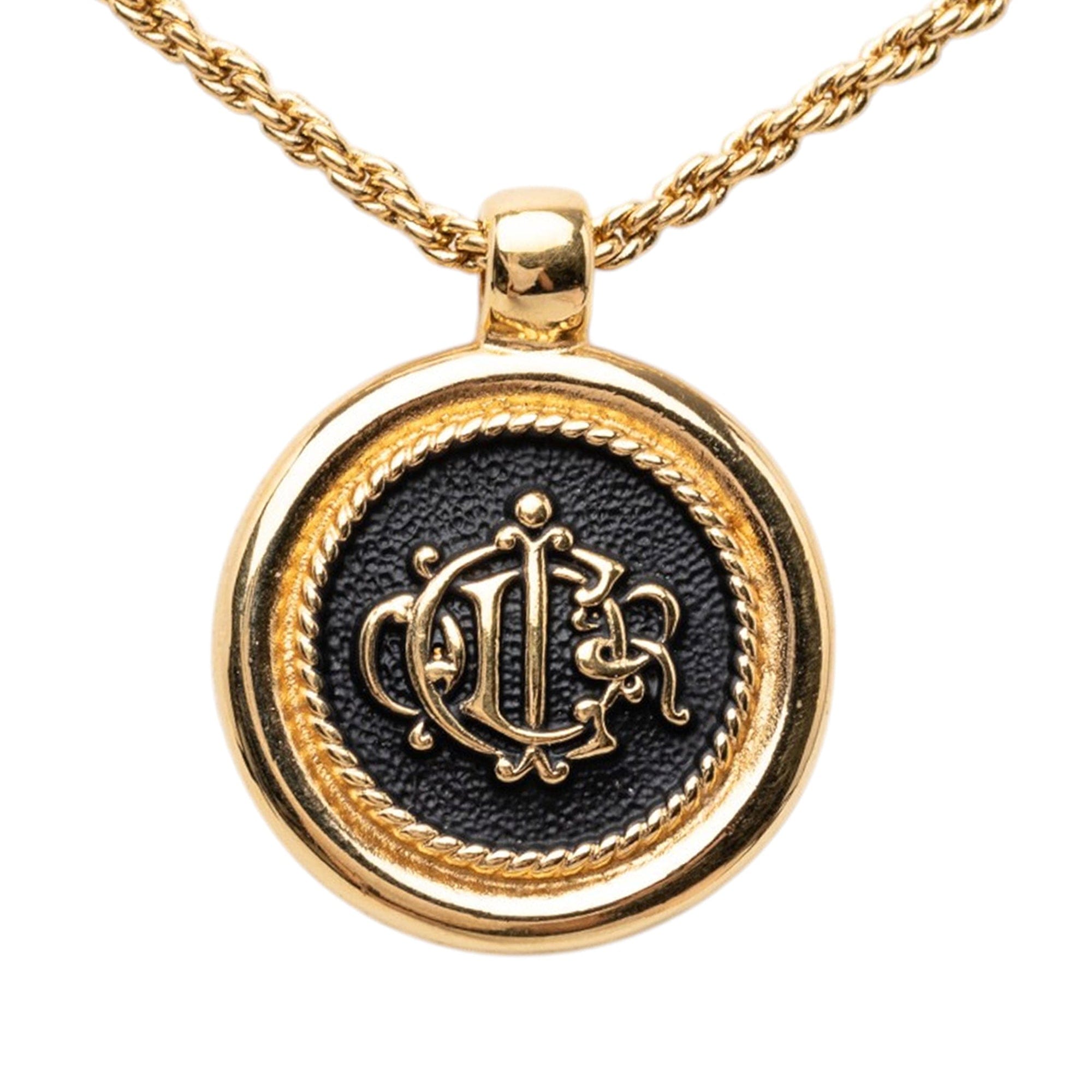 Dior Gold Plated Enamel Logo Round Pendant Necklace