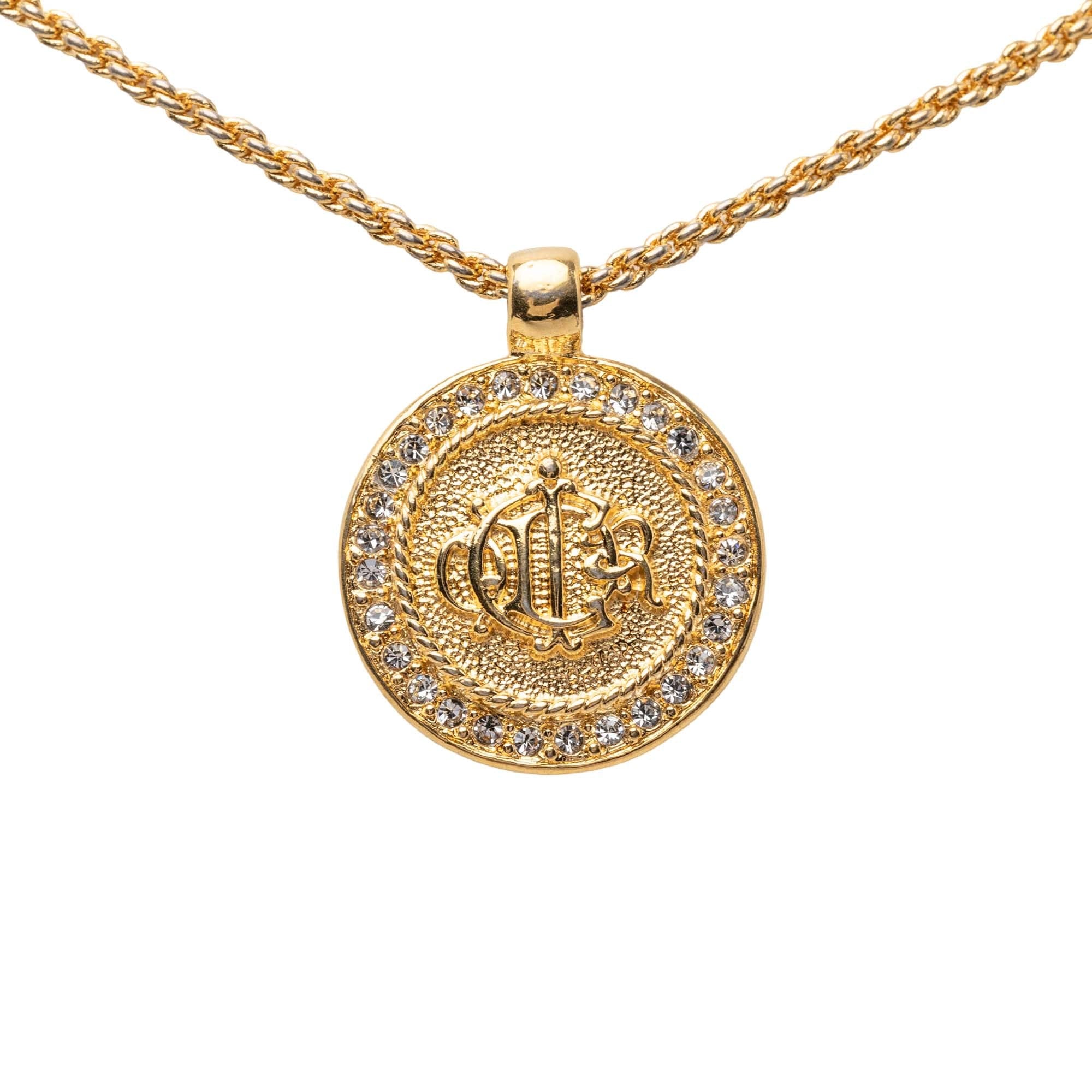 Dior Gold Plated Strass Medallion Pendant Necklace
