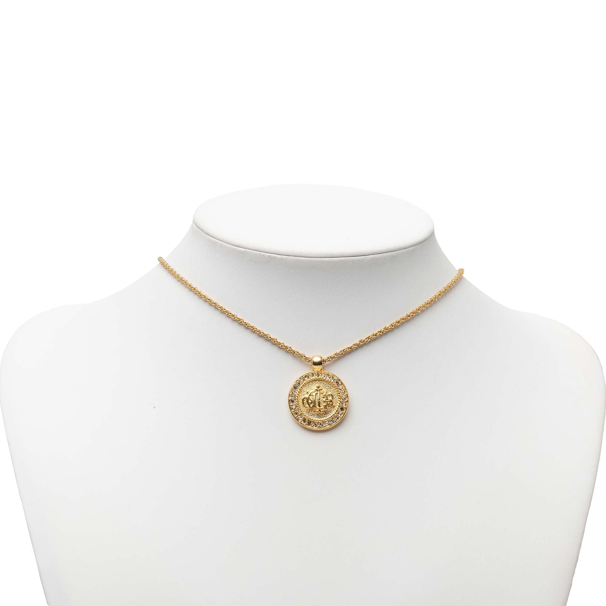 Dior Gold Plated Strass Medallion Pendant Necklace