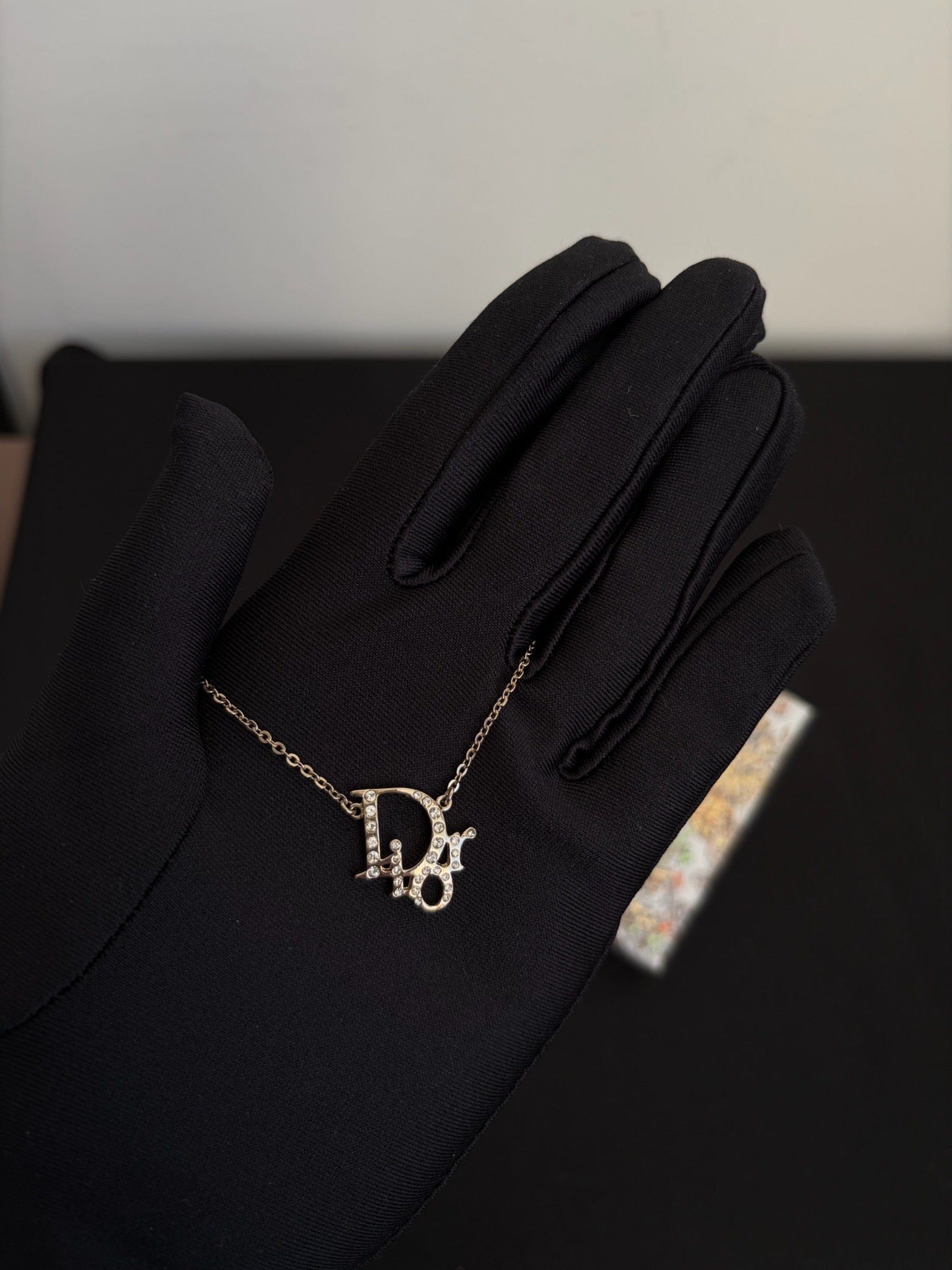 Dior Silver Crystal Logo Letter Necklace