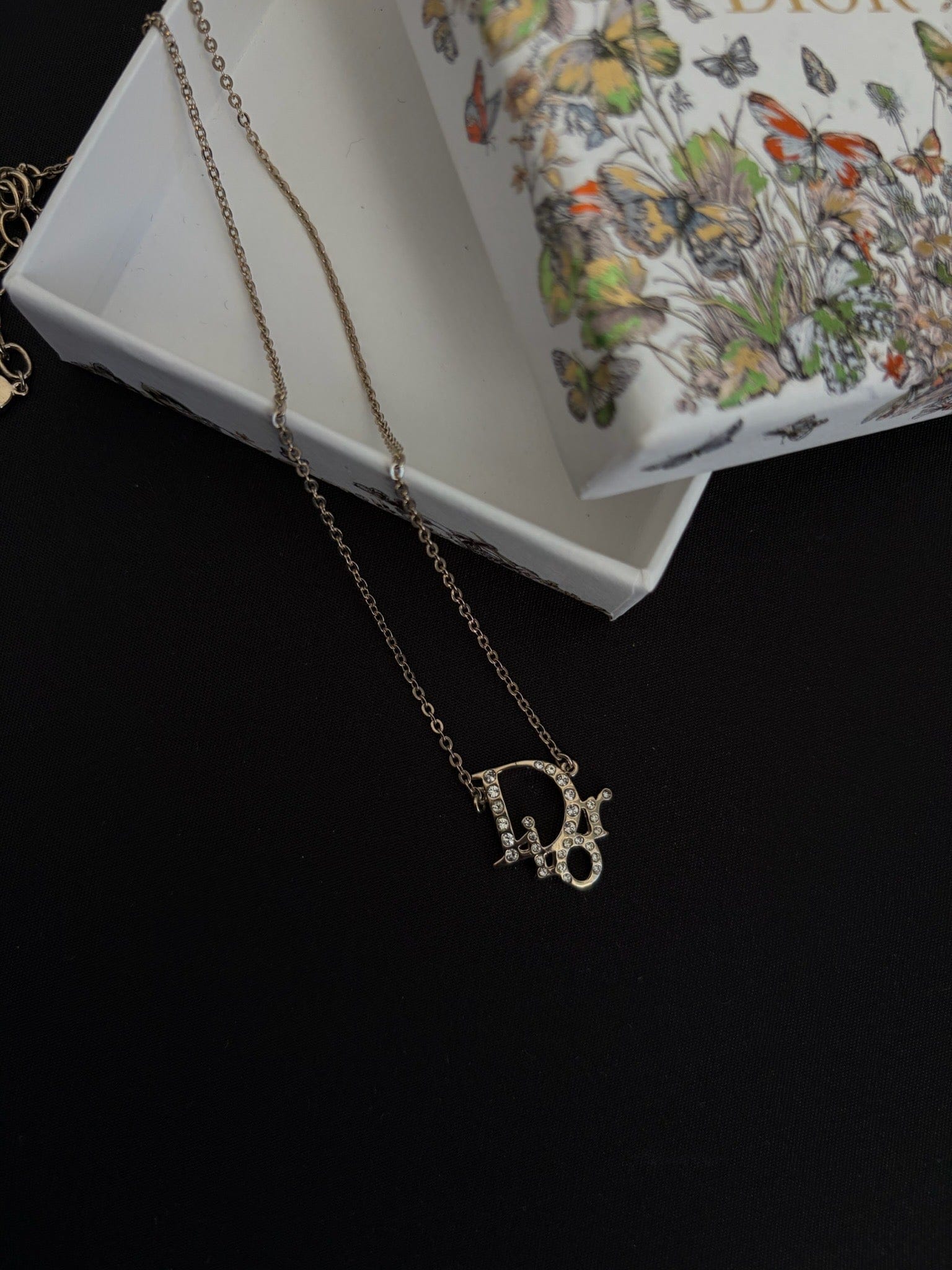 Dior Silver Crystal Logo Letter Necklace