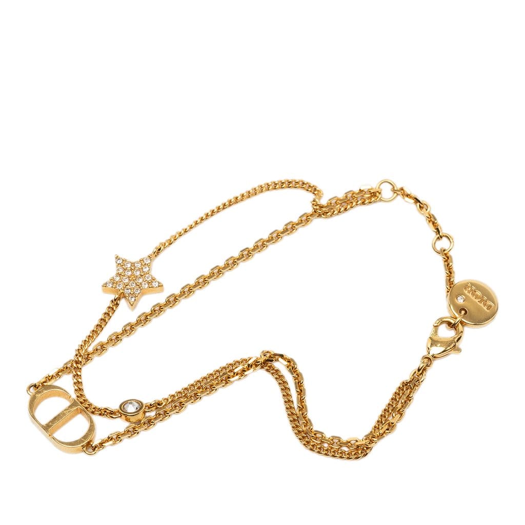 Dior Gold Plated and Strass Petit CD Logo Heart Charm Double Chain Bracelet