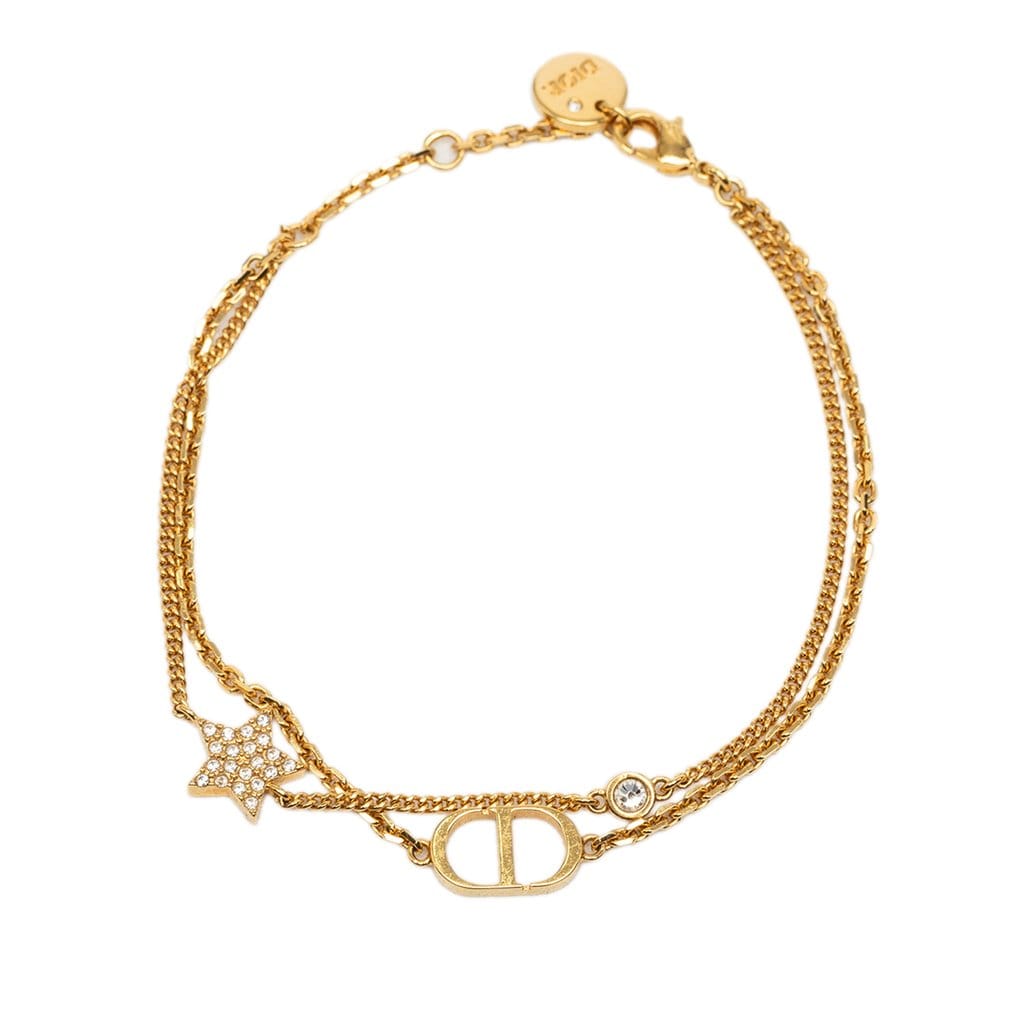 Dior Gold Plated and Strass Petit CD Logo Heart Charm Double Chain Bracelet