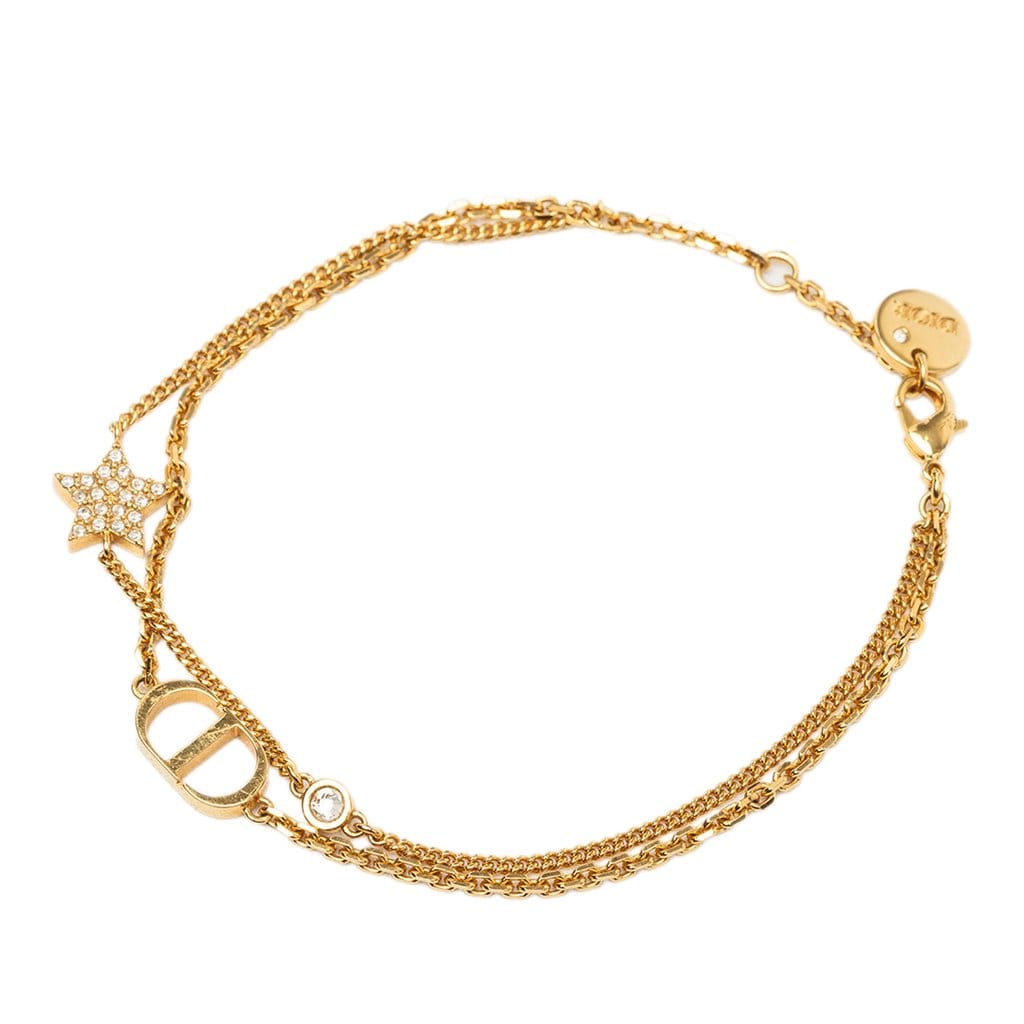 Dior Gold Plated and Strass Petit CD Logo Heart Charm Double Chain Bracelet