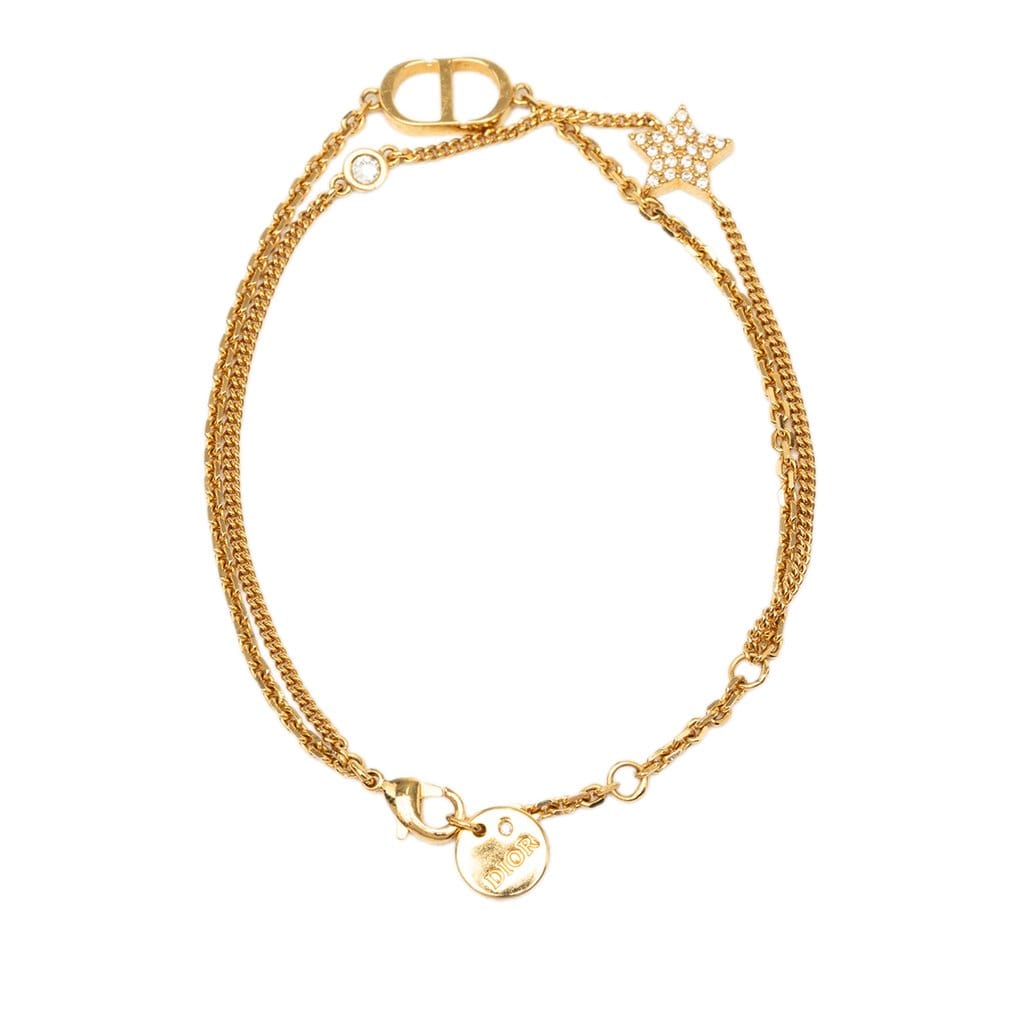 Dior Gold Plated and Strass Petit CD Logo Heart Charm Double Chain Bracelet