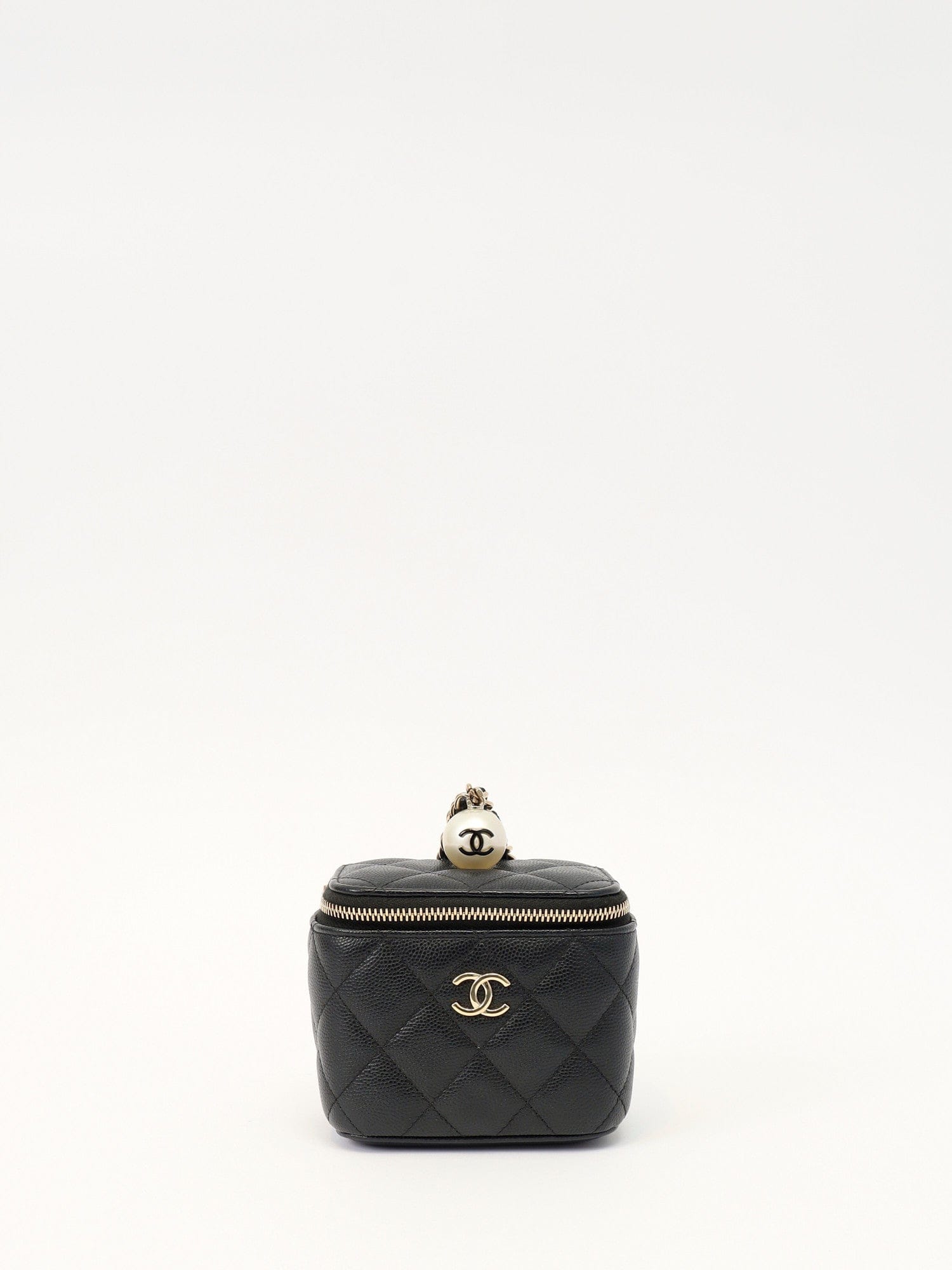 Chanel CC Pearl Mini Vanity Case Black Quilted Caviar Leather with Faux Pearl & Leather Top Handle and Gold - Tone Hardware