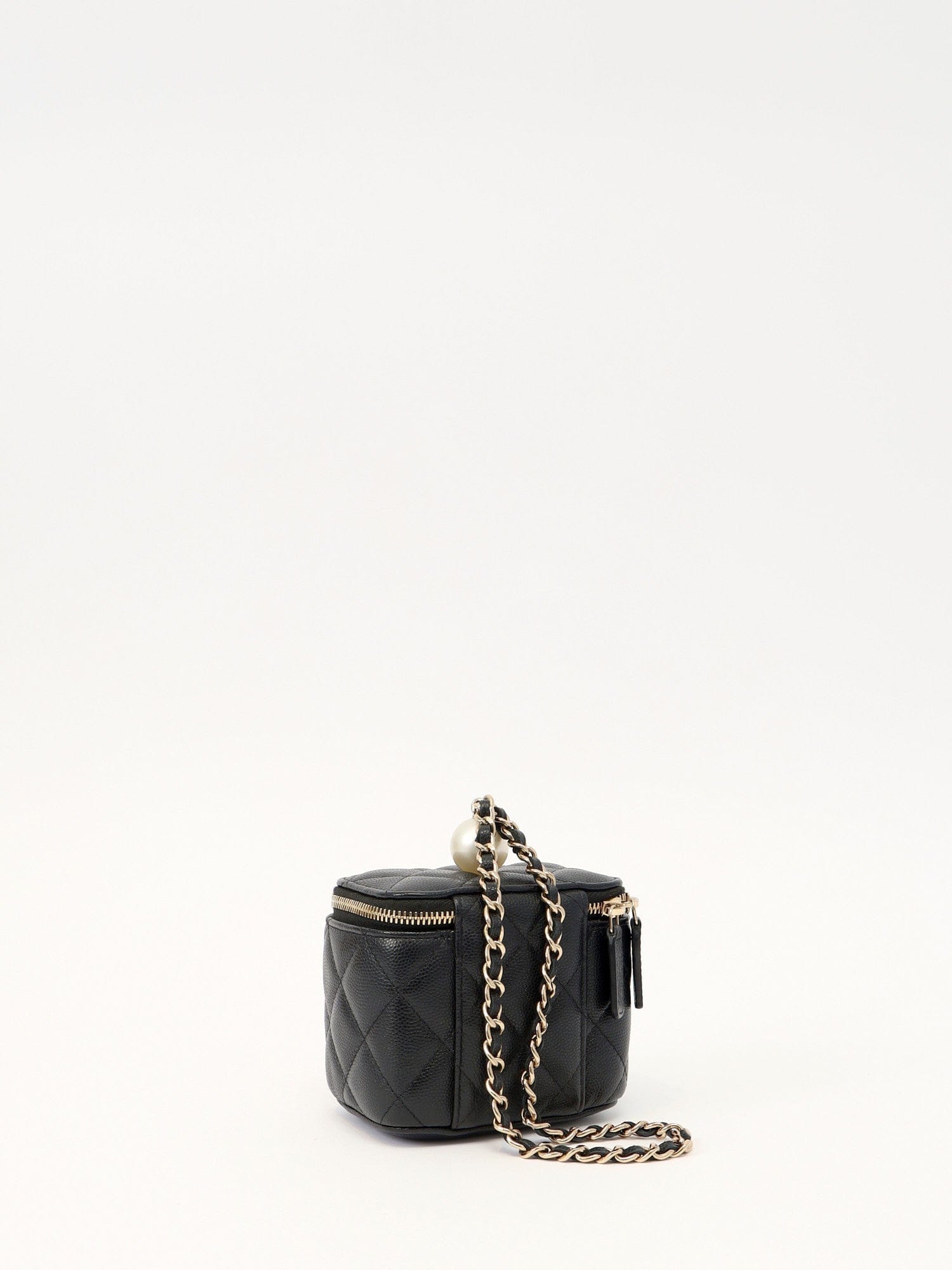 Chanel CC Pearl Mini Vanity Case Black Quilted Caviar Leather with Faux Pearl & Leather Top Handle and Gold - Tone Hardware