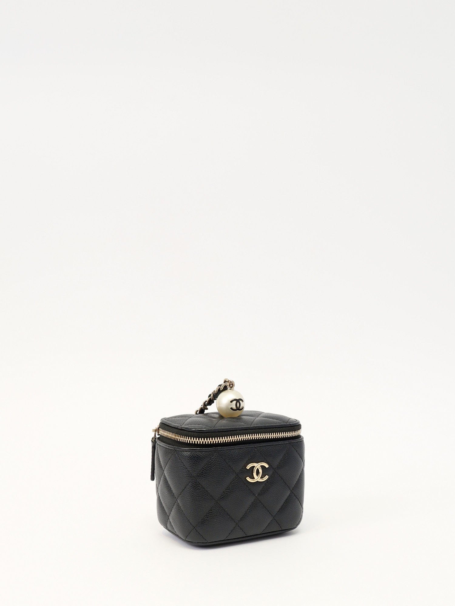 Chanel CC Pearl Mini Vanity Case Black Quilted Caviar Leather with Faux Pearl & Leather Top Handle and Gold - Tone Hardware