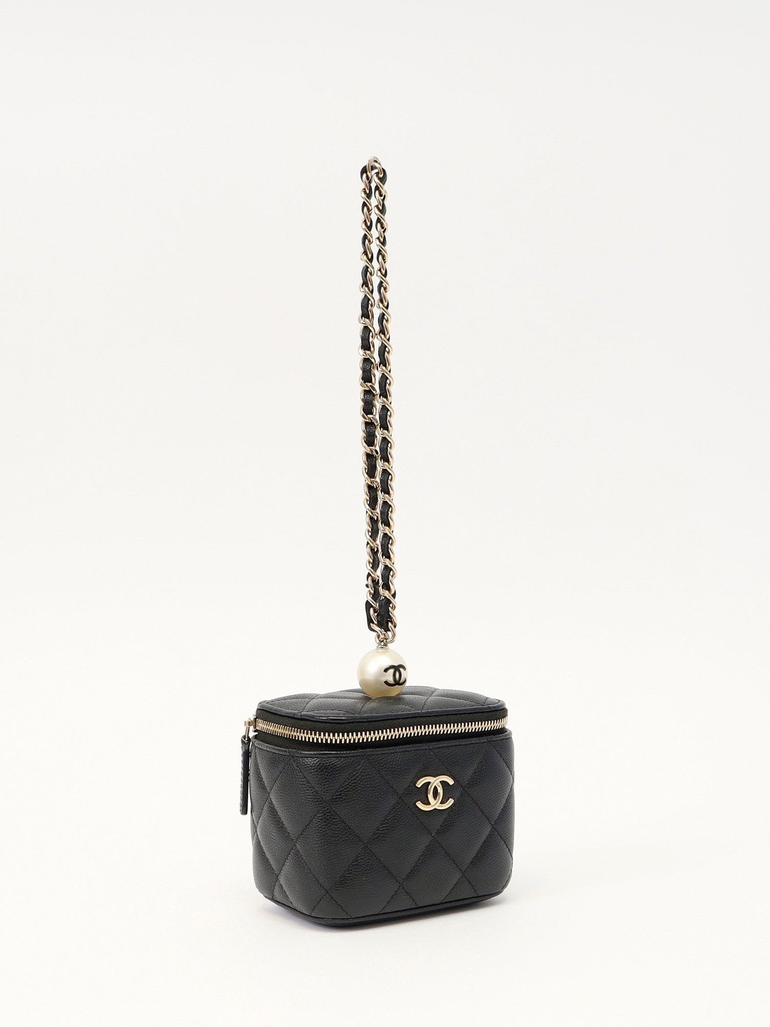 Chanel CC Pearl Mini Vanity Case Black Quilted Caviar Leather with Faux Pearl & Leather Top Handle and Gold - Tone Hardware