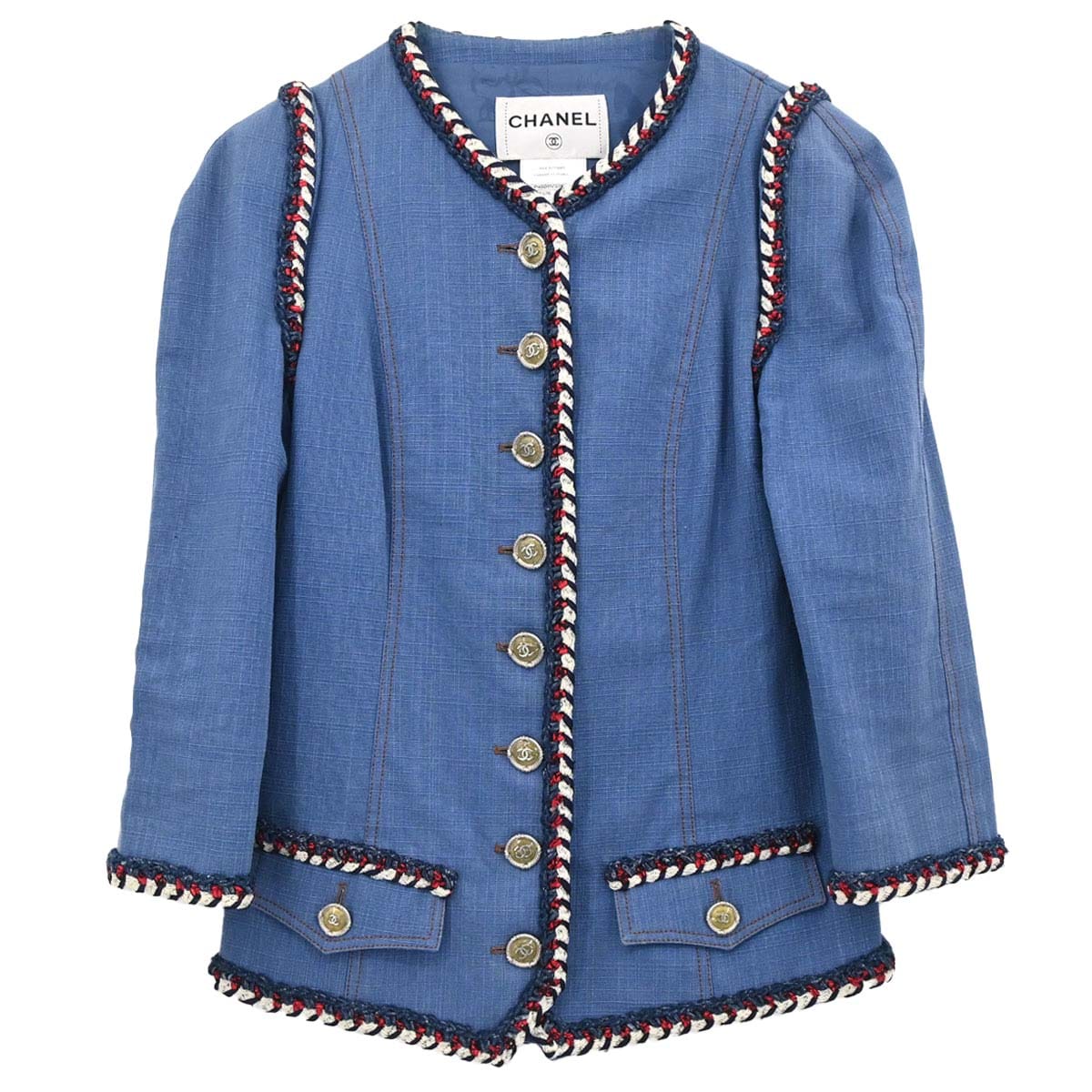 Chanel 2013 Single Breasted Collarless Jacket Blue #34