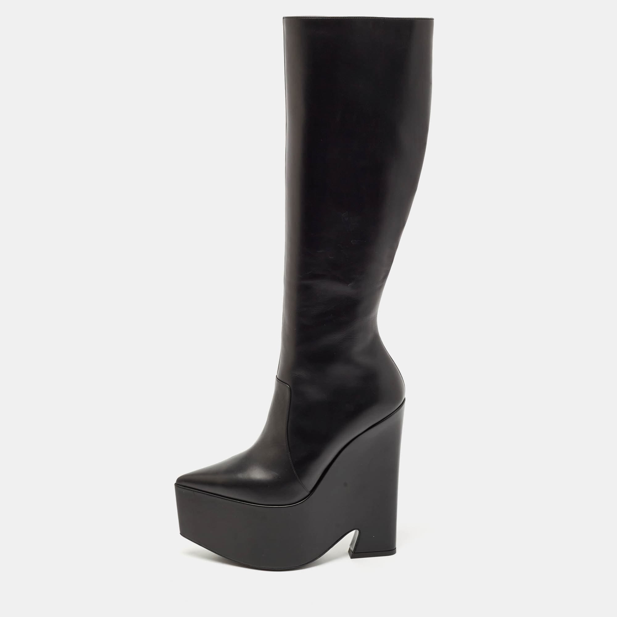 Versace Black Leather Platform Knee Length Boots