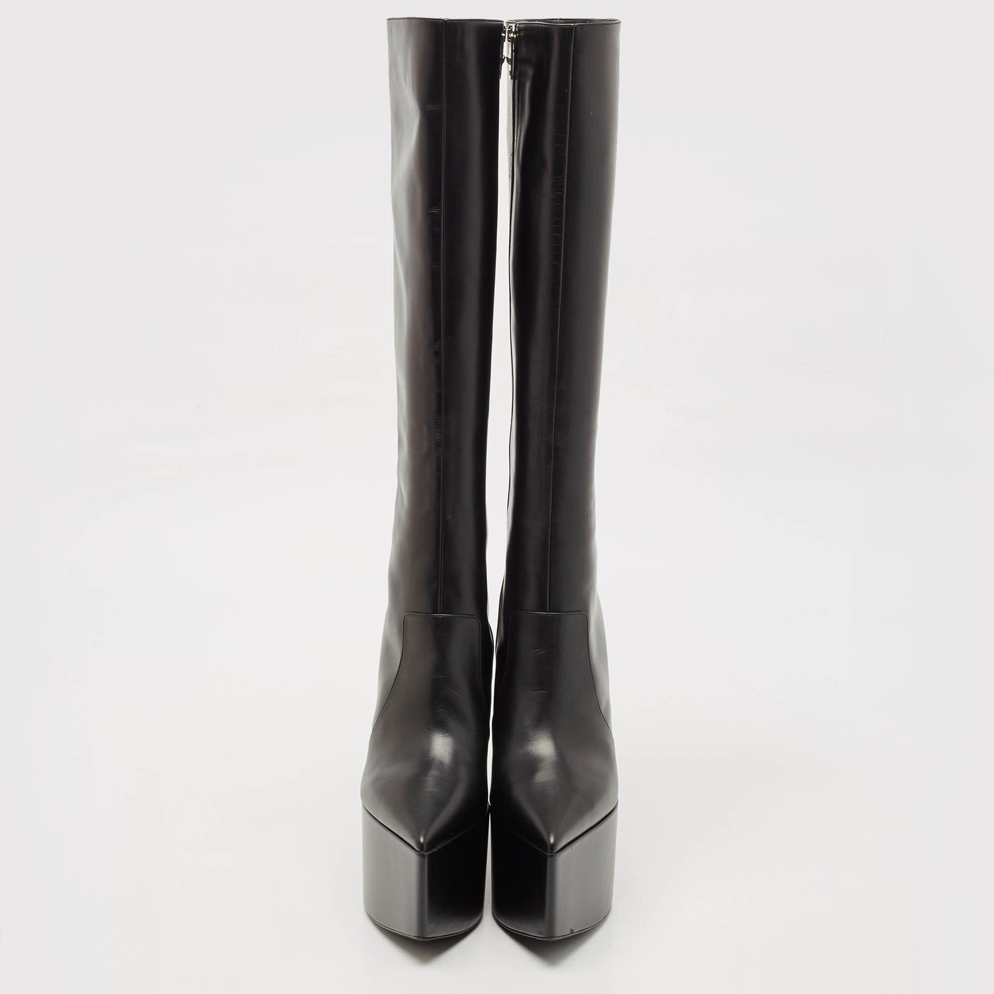 Versace Black Leather Platform Knee Length Boots