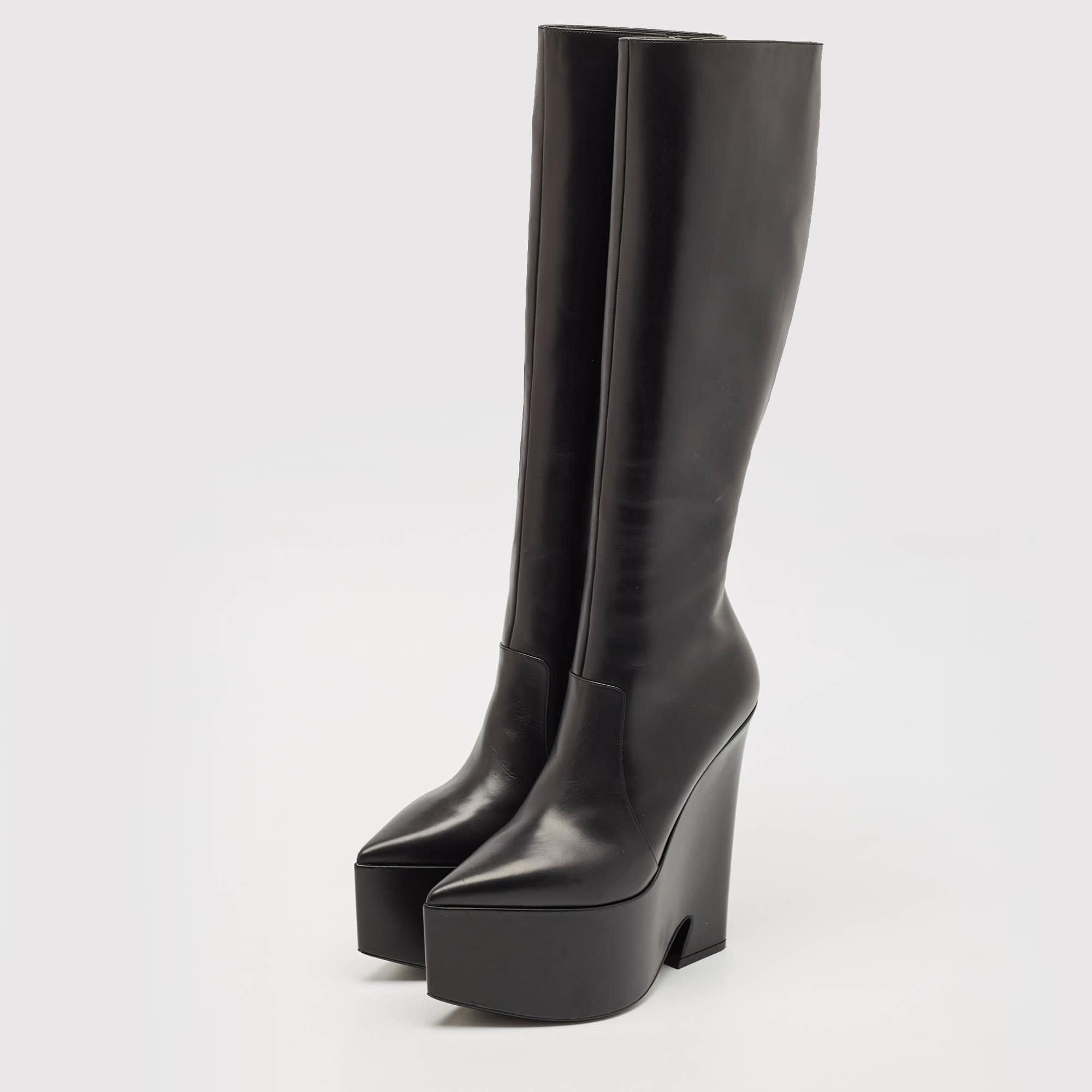 Versace Black Leather Platform Knee Length Boots