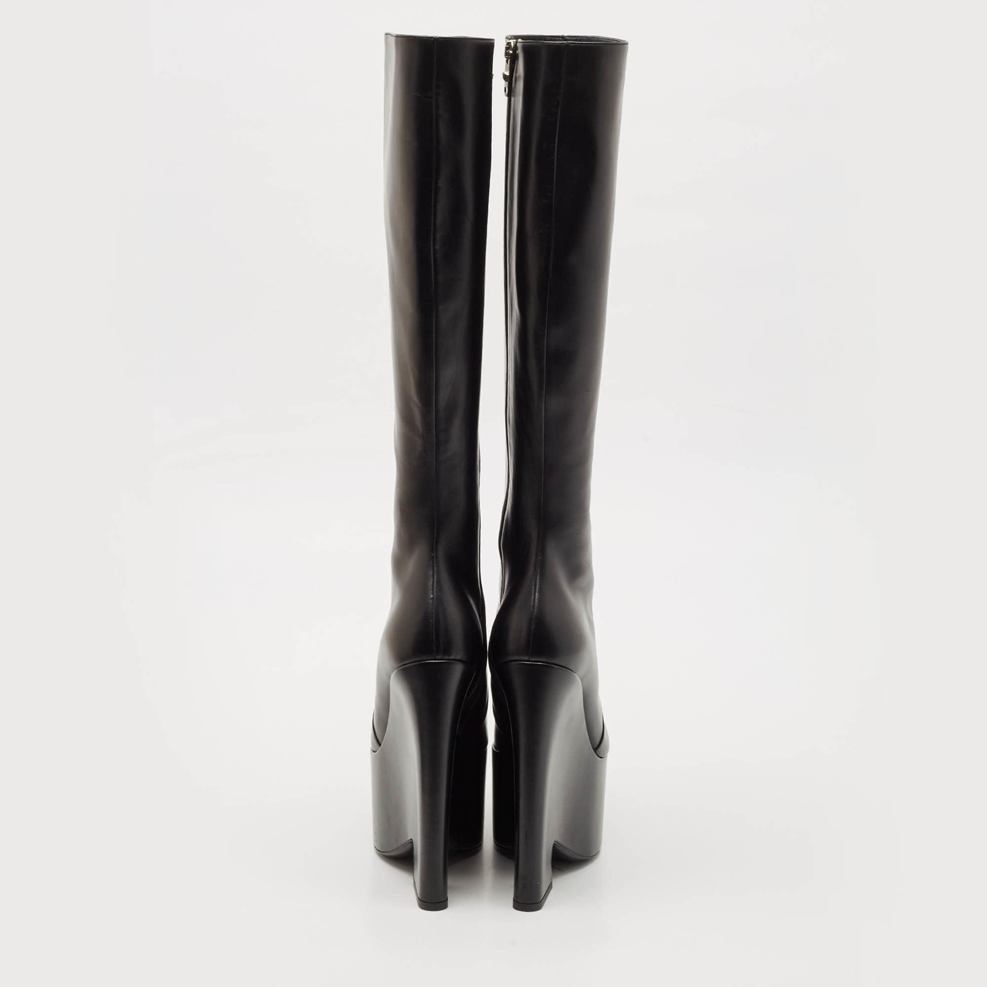 Versace Black Leather Platform Knee Length Boots
