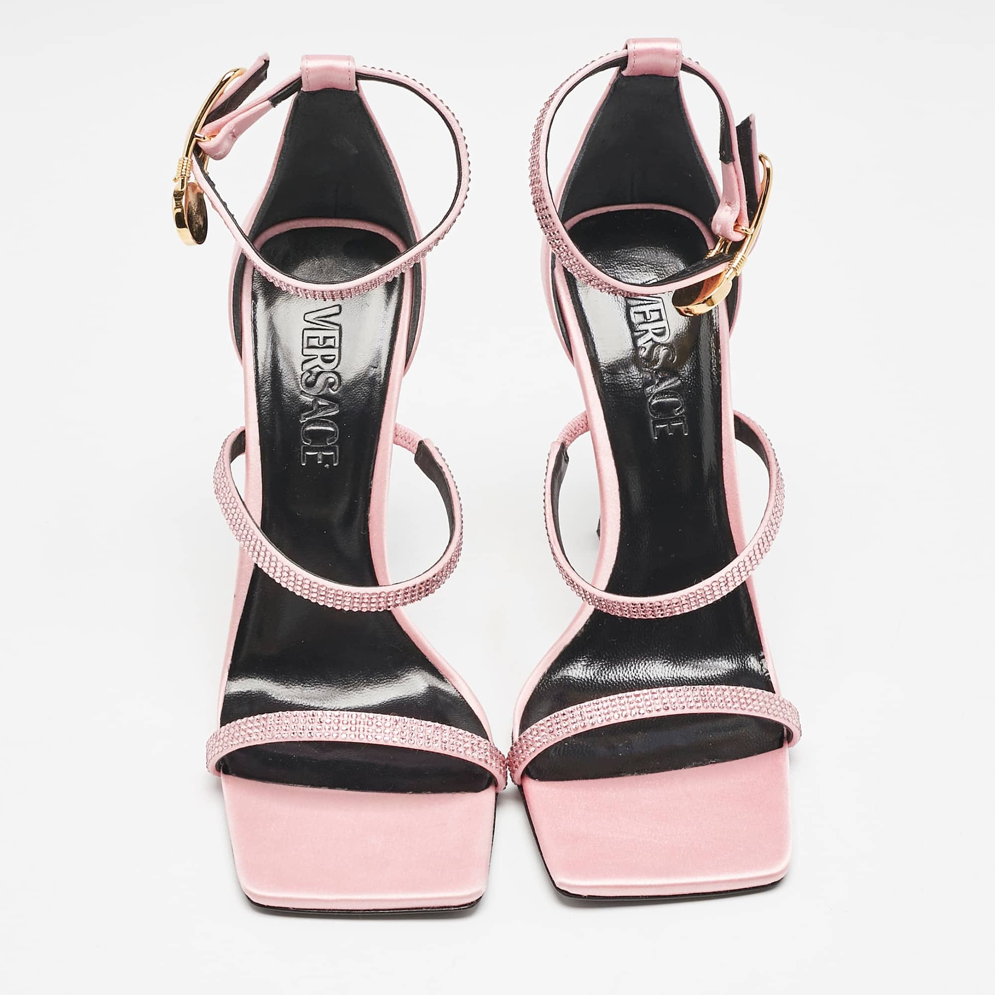Versace Pink Satin Safety Pin Ankle Strap Sandals