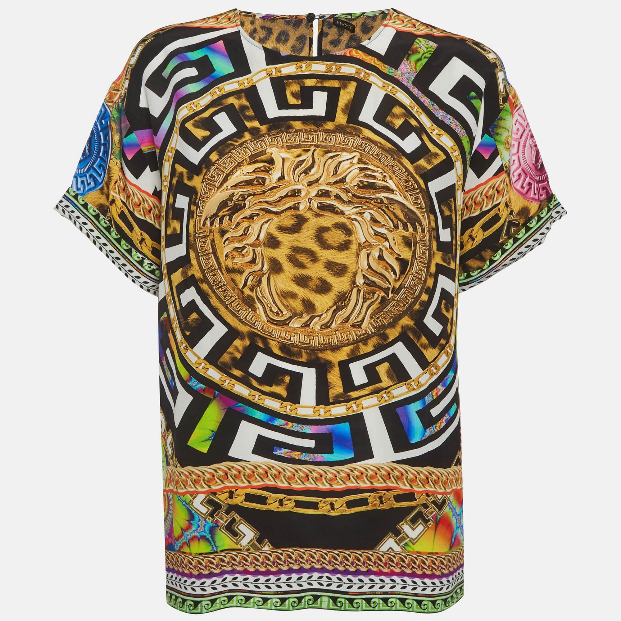 Versace Multicolor Medusa And Leopard Print Silk Top