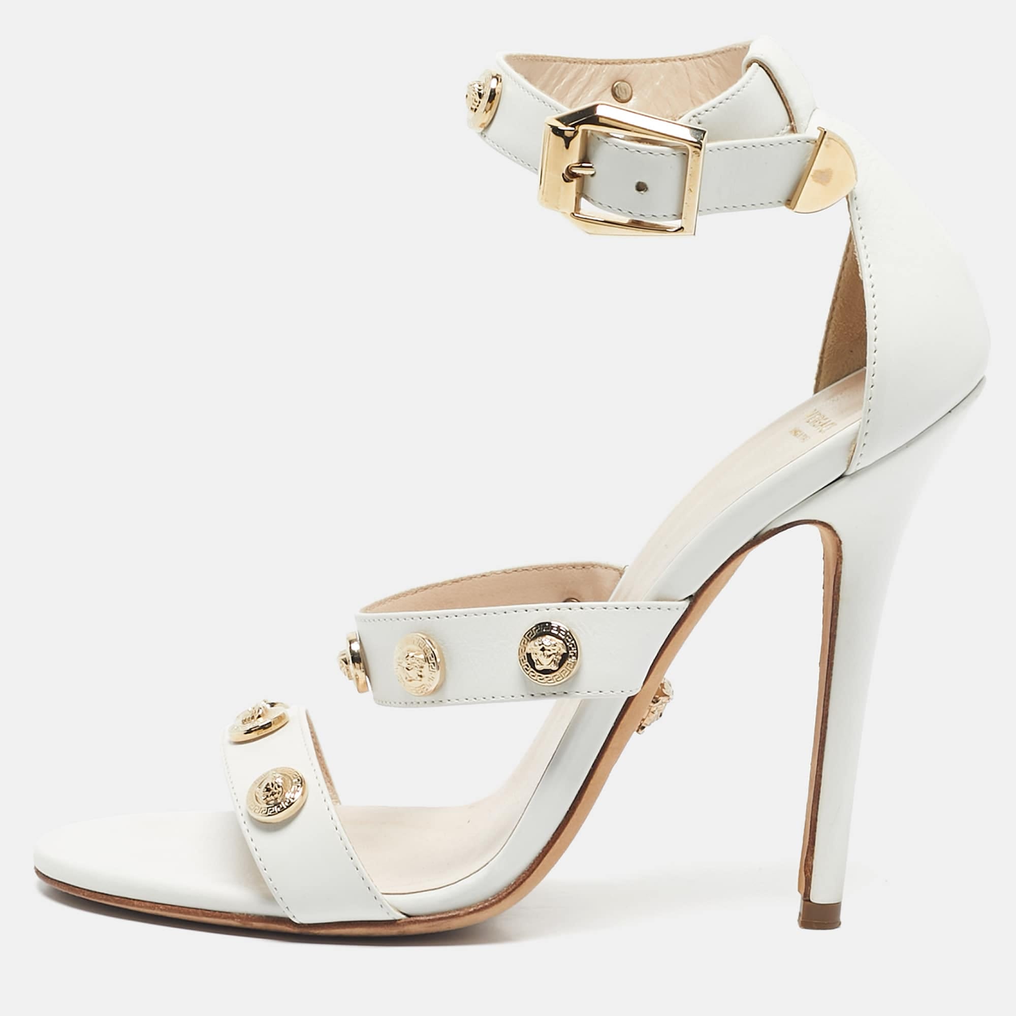 Versace White Leather Studded Medusa Ankle Strap Sandals