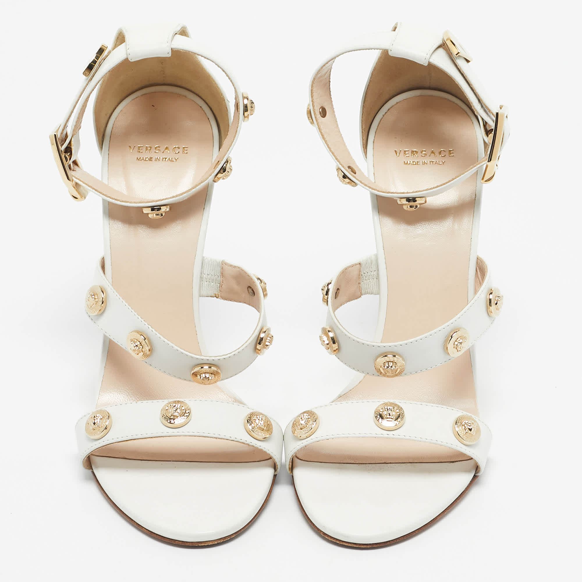Versace White Leather Studded Medusa Ankle Strap Sandals