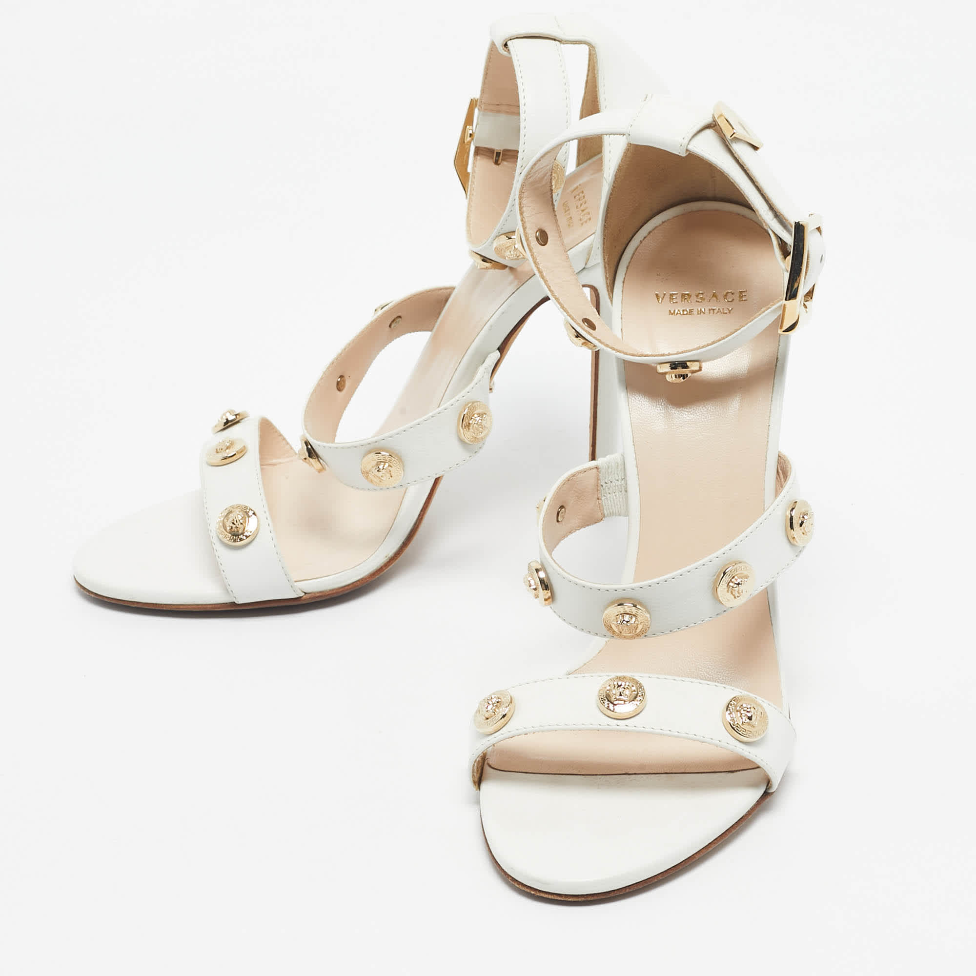 Versace White Leather Studded Medusa Ankle Strap Sandals