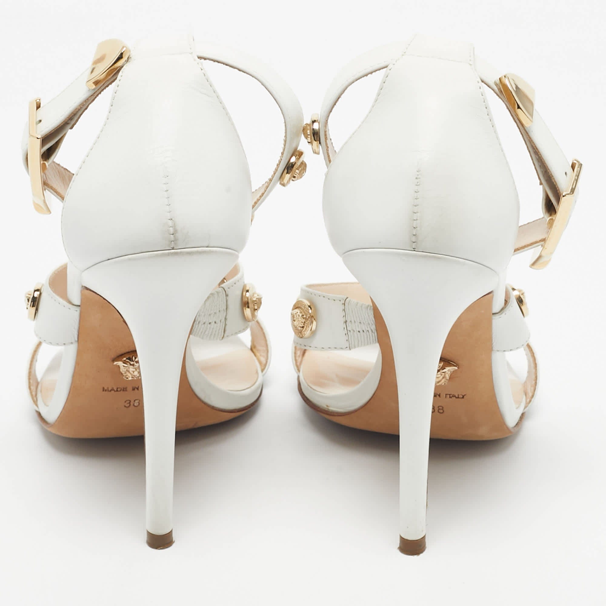 Versace White Leather Studded Medusa Ankle Strap Sandals