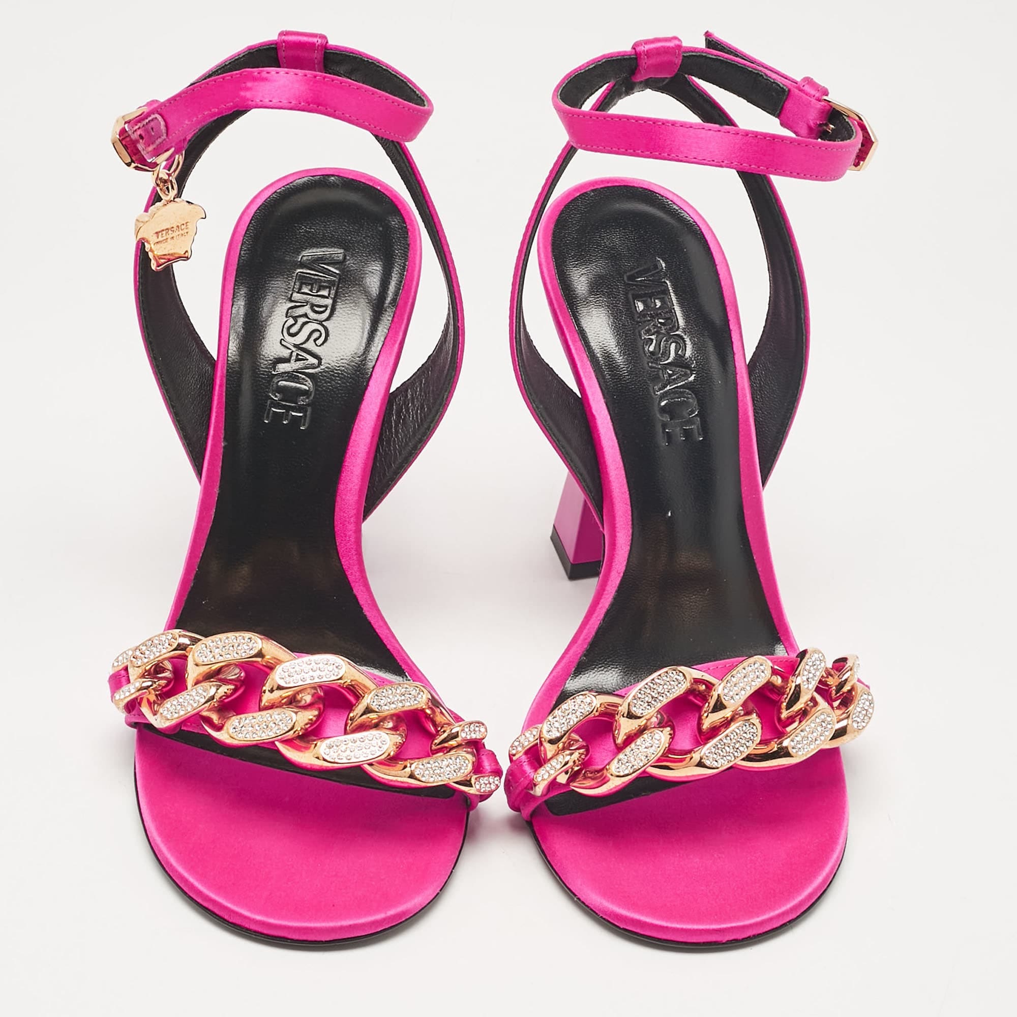 Versace Pink Satin Medusa Chain Ankle Strap Sandals