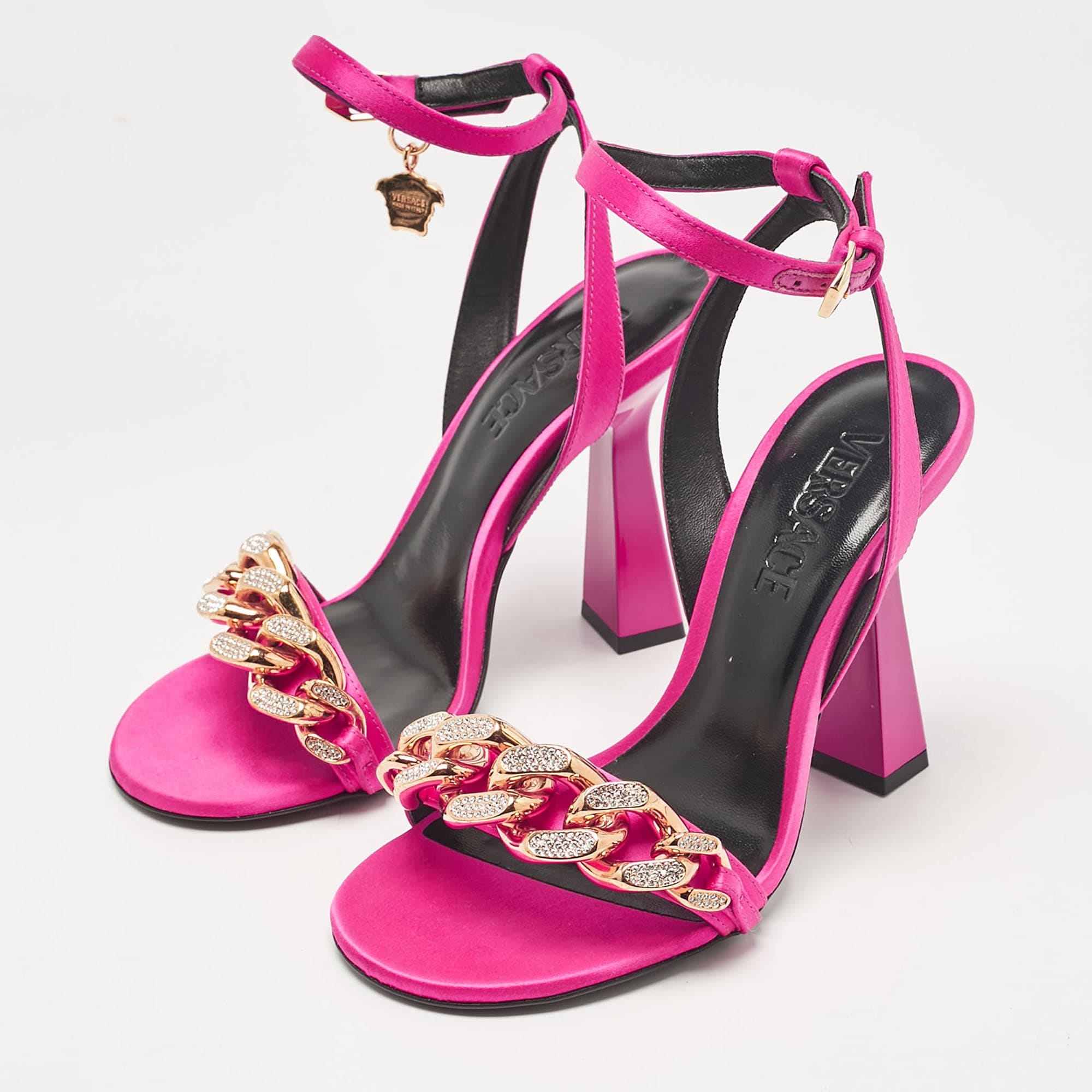 Versace Pink Satin Medusa Chain Ankle Strap Sandals