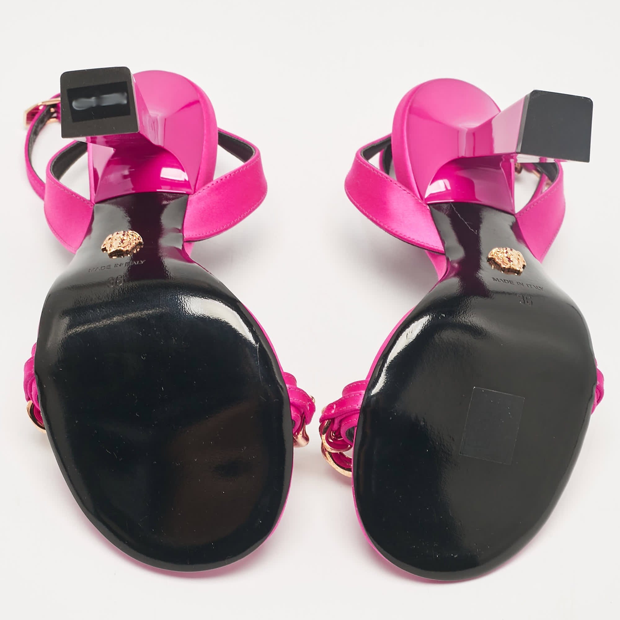 Versace Pink Satin Medusa Chain Ankle Strap Sandals
