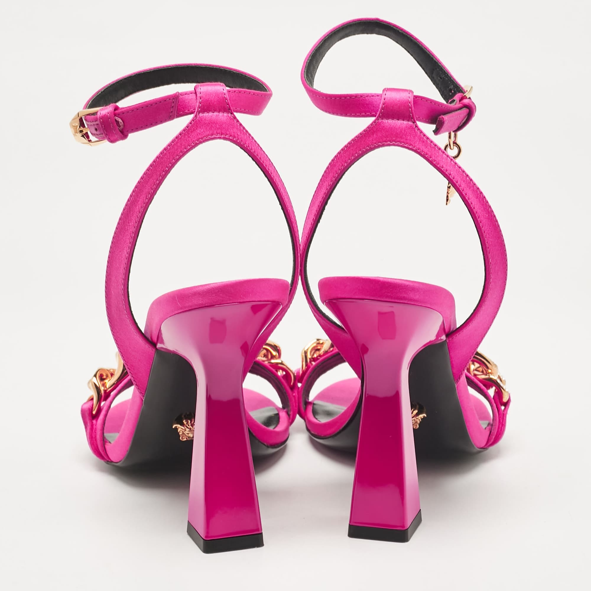 Versace Pink Satin Medusa Chain Ankle Strap Sandals
