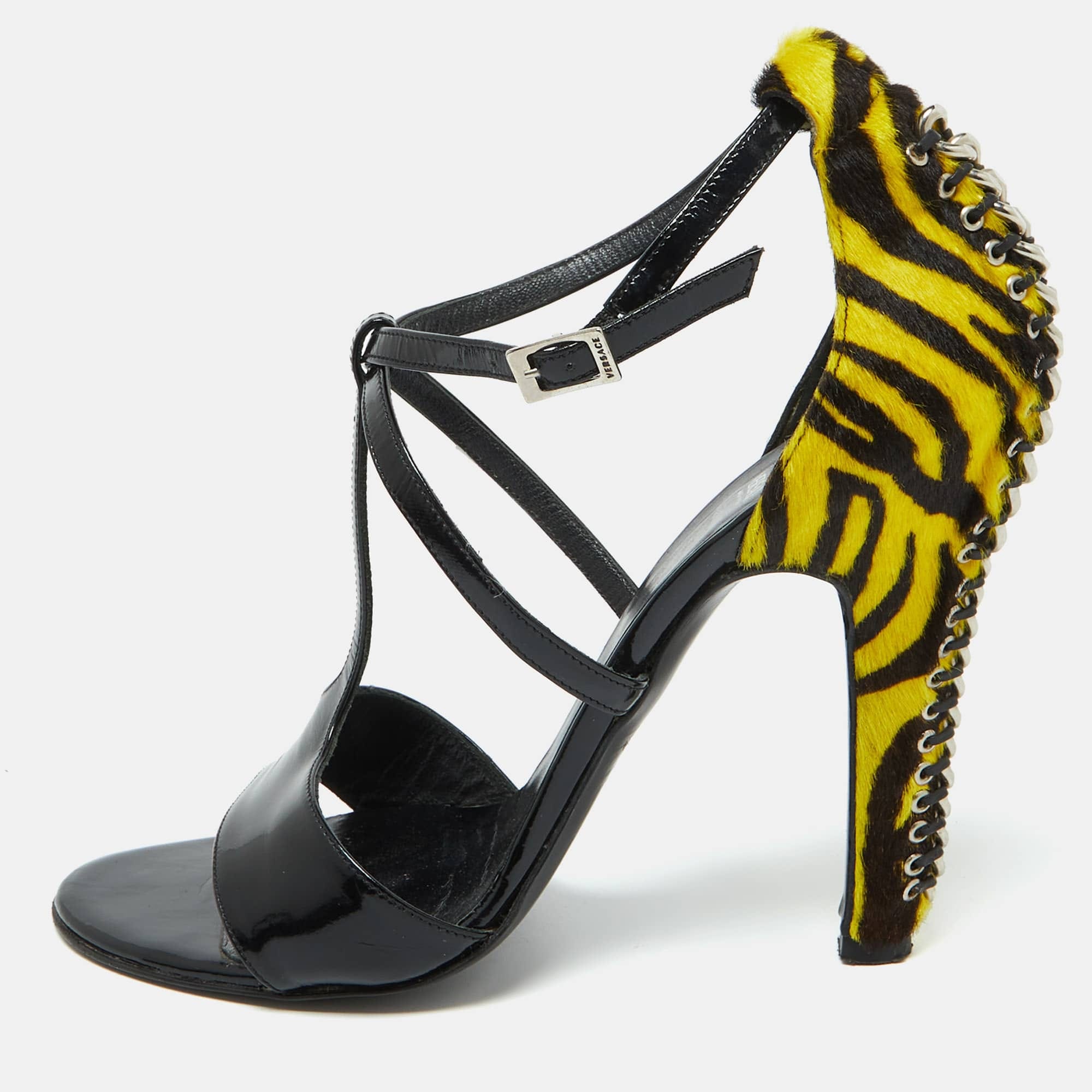 Versace Black Patent Leather And Animal Print Calf Hair Sandals