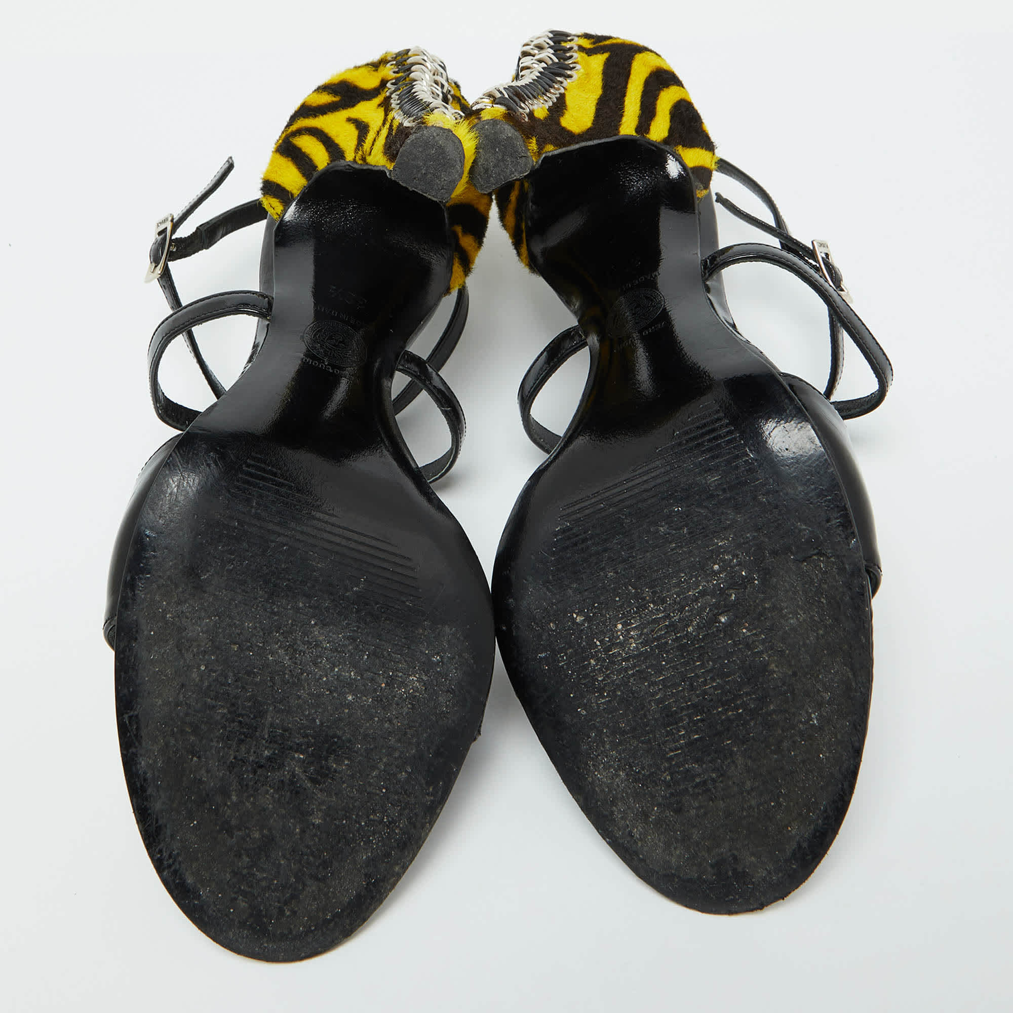 Versace Black Patent Leather And Animal Print Calf Hair Sandals