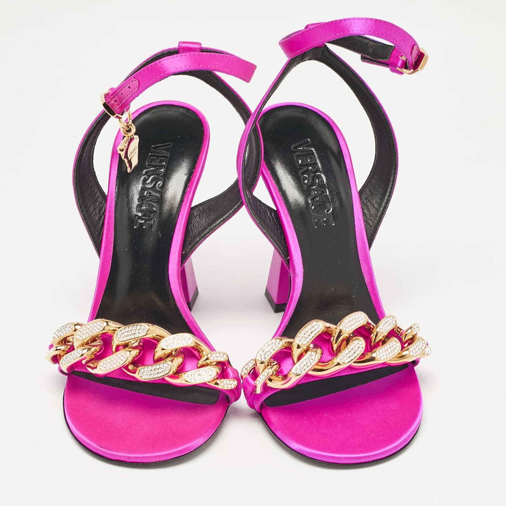 Versace Pink Satin Medusa Ankle Strap Sandals